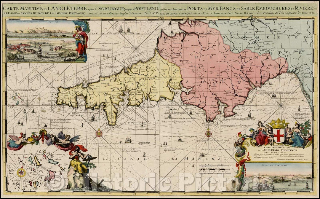 Historic Map - Carte Maritime de L'Angleterre depuis Sorlingues jusques a Portland ou l'on voit les costes et Ports, 1693, Romeyn De Hooghe v1