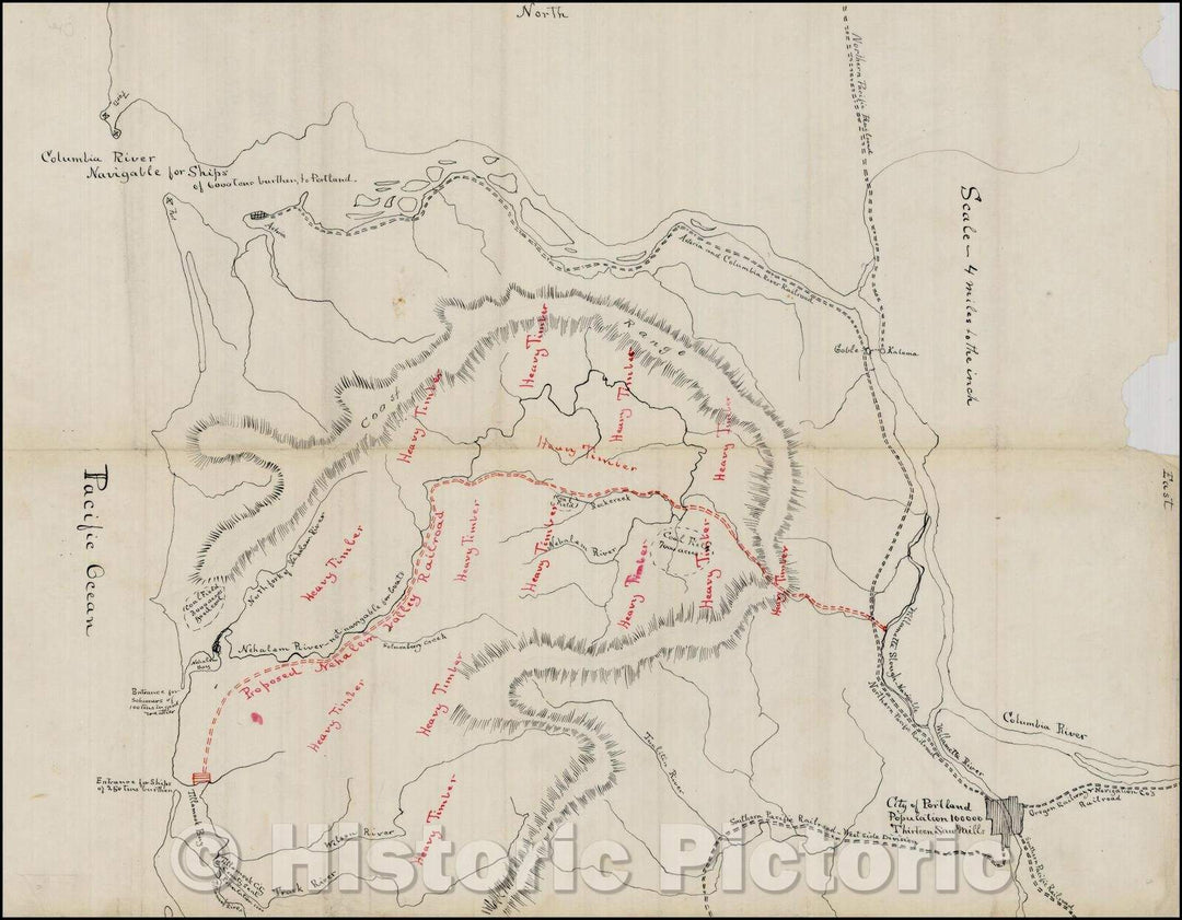 Historic Map - Manuscript Map of Oregon, showing the proposed route of the, 1902, Anonymous - Vintage Wall Art