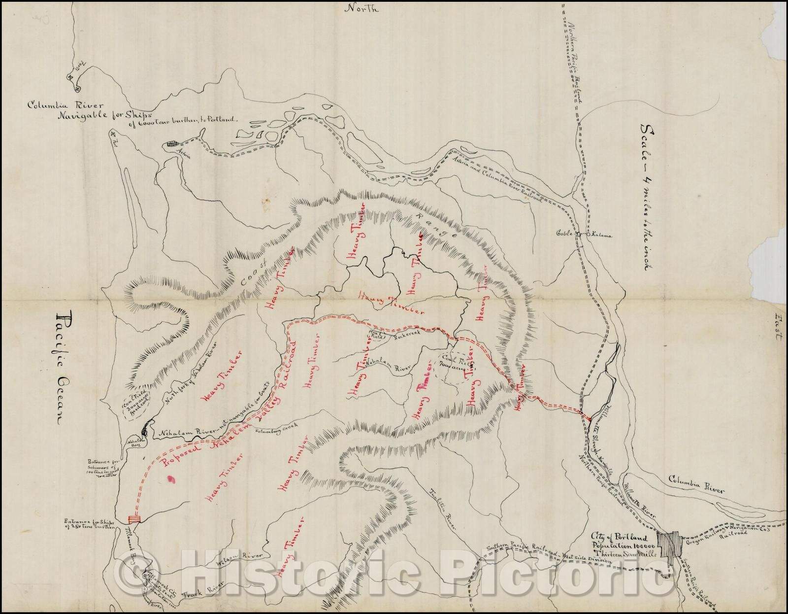 Historic Map - Manuscript Map of Oregon, showing the proposed route of the, 1902, Anonymous - Vintage Wall Art