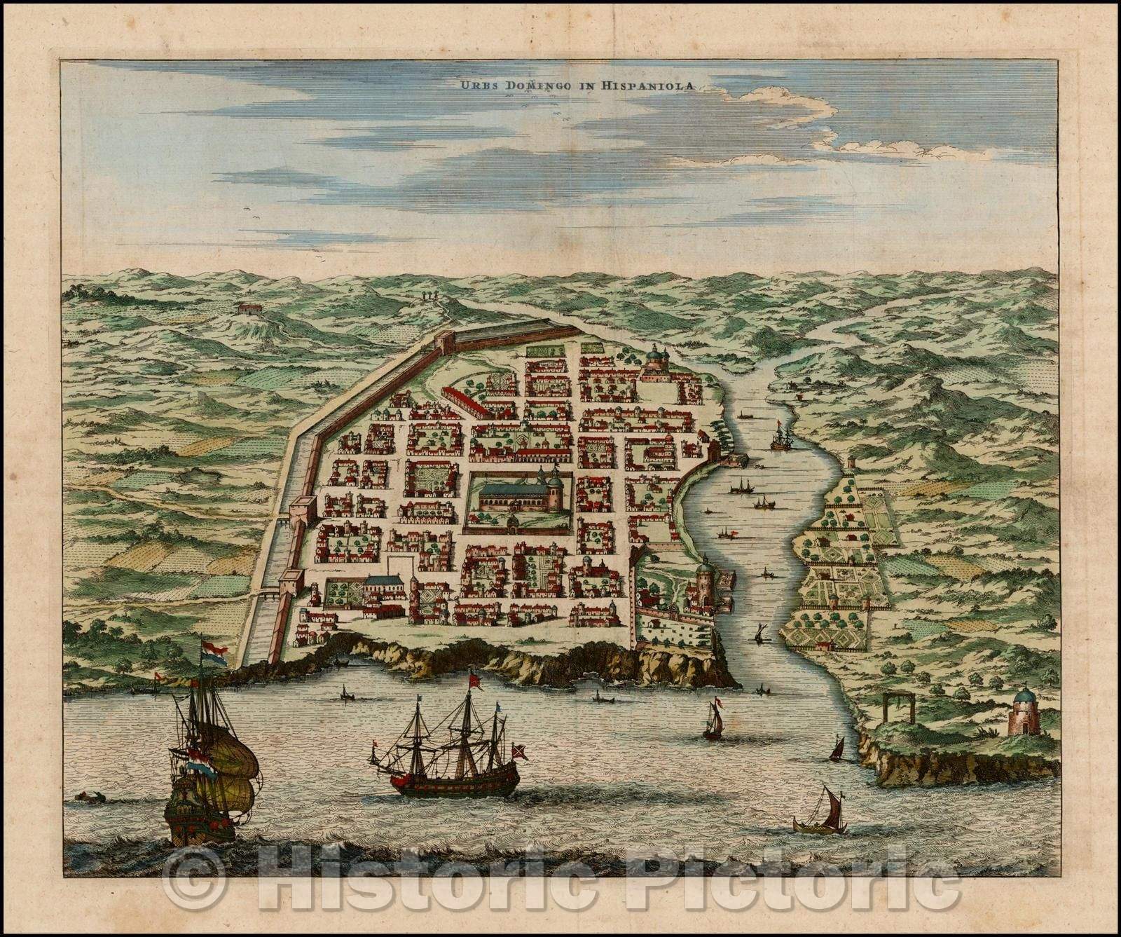 Historic Map - Urbs Domingo in Hispaniola, 1671, John Ogilby - Vintage Wall Art