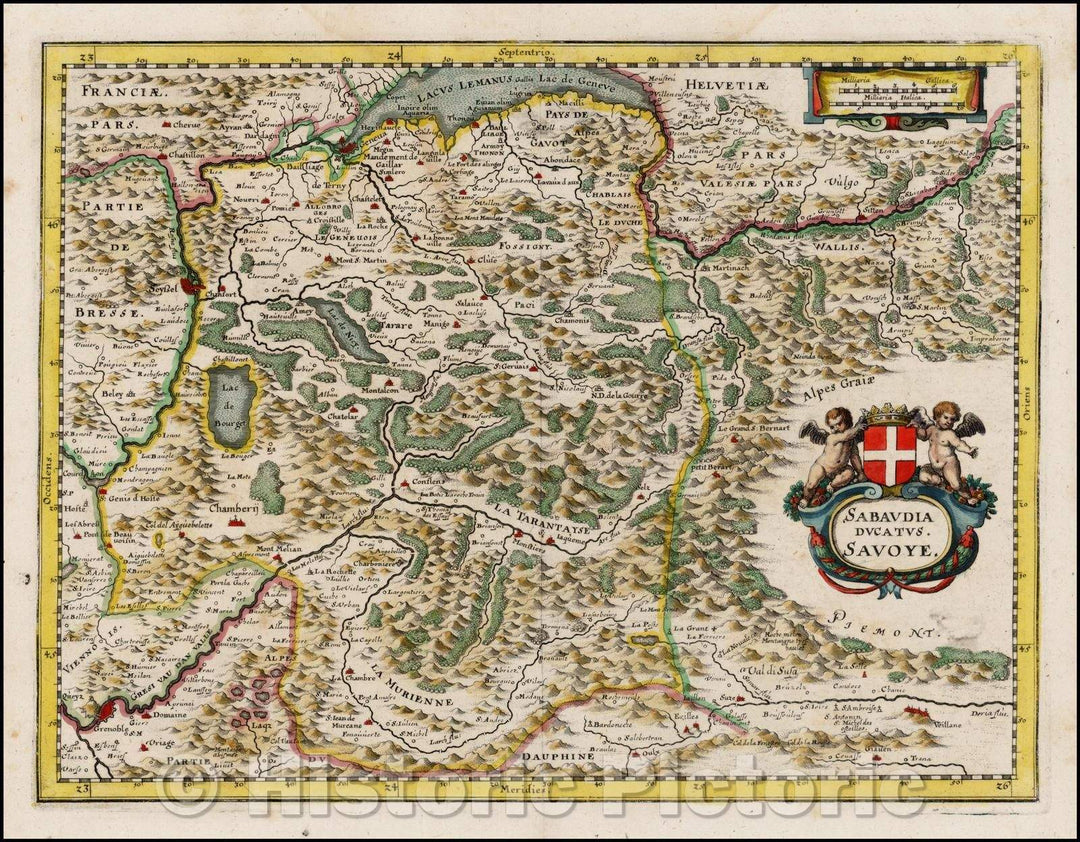 Historic Map - Sabaudia Ducatus Savoye/Blaeu's Map of Savoy, showing Geneva, Lake Geneva, Grenobel, 1638, Matthaus Merian - Vintage Wall Art