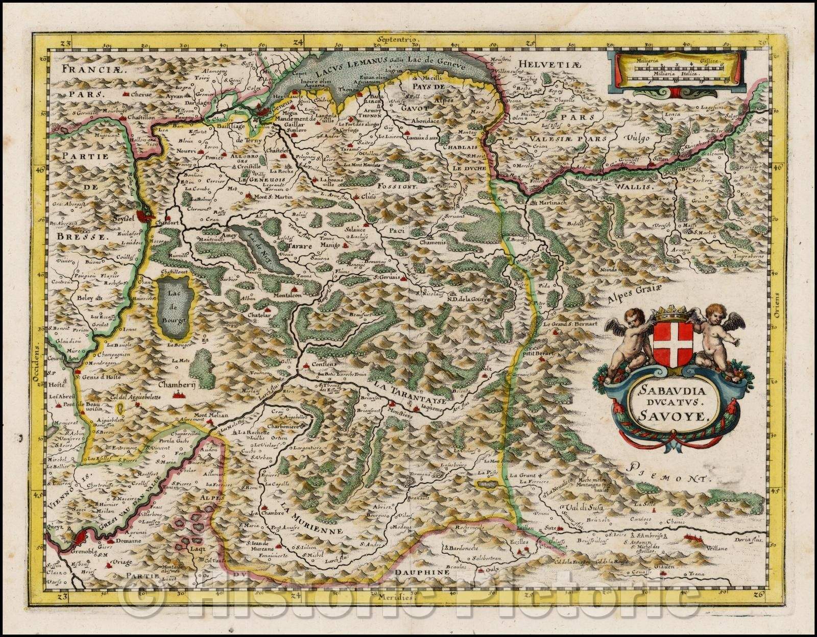 Historic Map - Sabaudia Ducatus Savoye/Blaeu's Map of Savoy, showing Geneva, Lake Geneva, Grenobel, 1638, Matthaus Merian - Vintage Wall Art