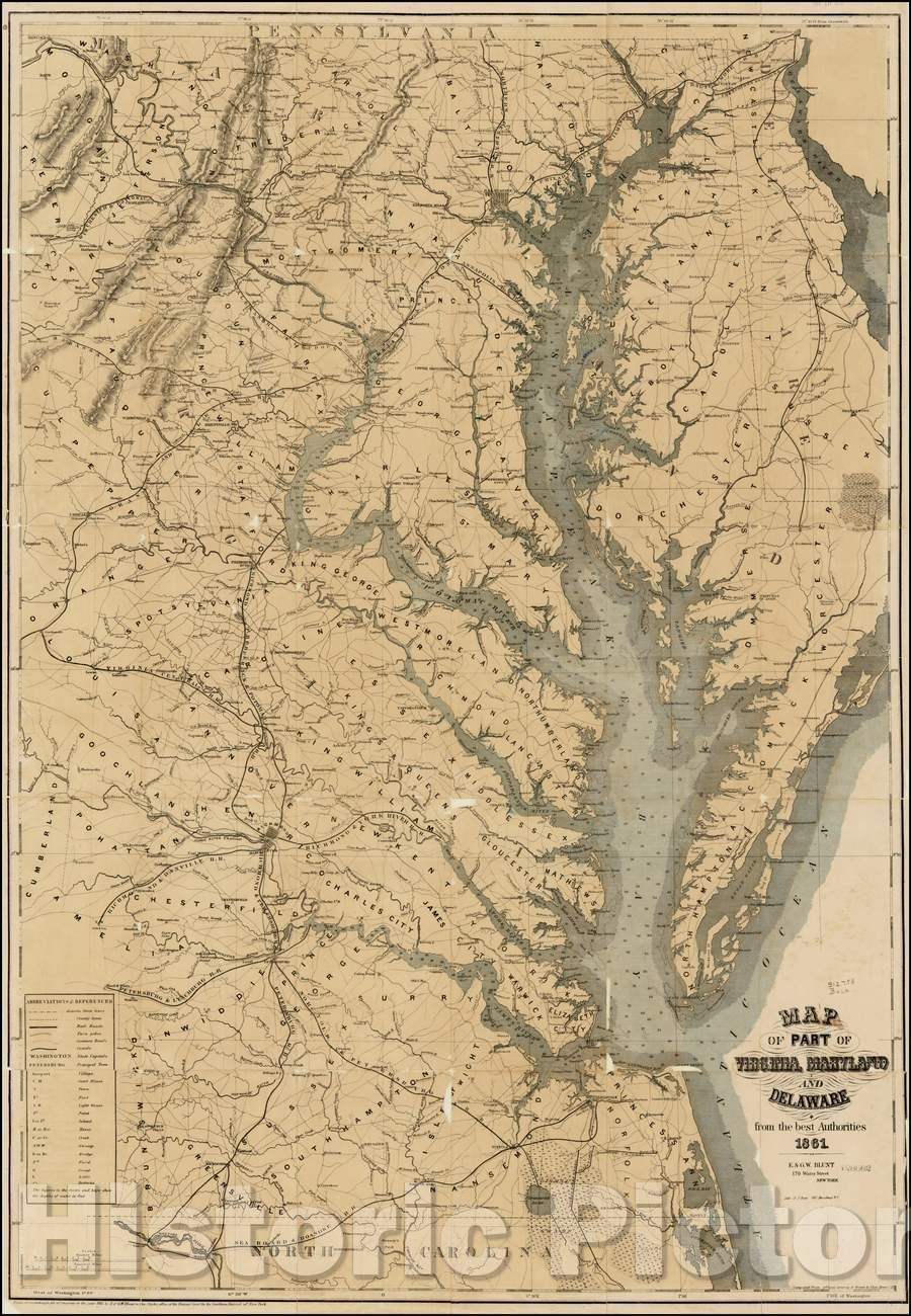 Historic Map - Map of Part of Virginia, Maryland and Delaware from the best Authorities, 1861, E & GW Blunt - Vintage Wall Art