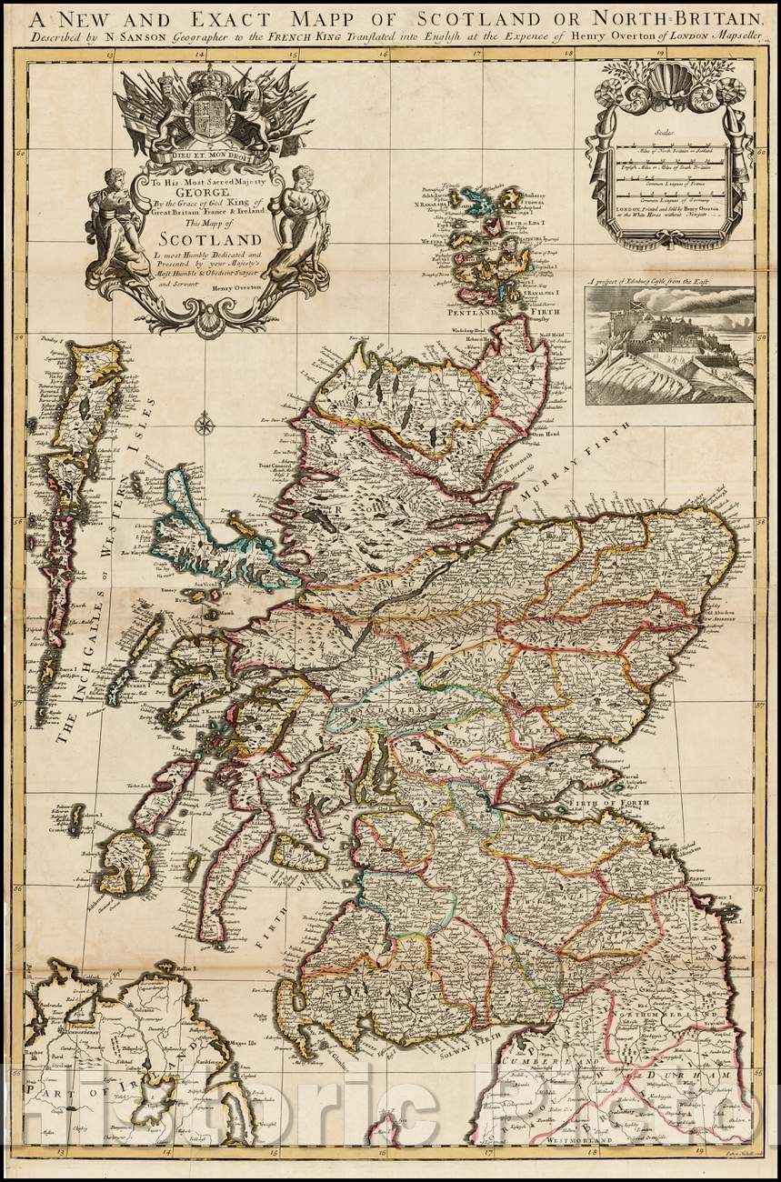 Historic Map - A New and Exact Mapp of Scotland or North=Britain, 1715, Henry Overton - Vintage Wall Art