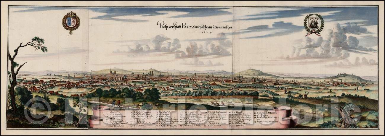 Historic Map - (Paris) Prosp. der Statt Parys /(Paris) av. Of Parys instead, 1654, 1654, Matthaus Merian - Vintage Wall Art