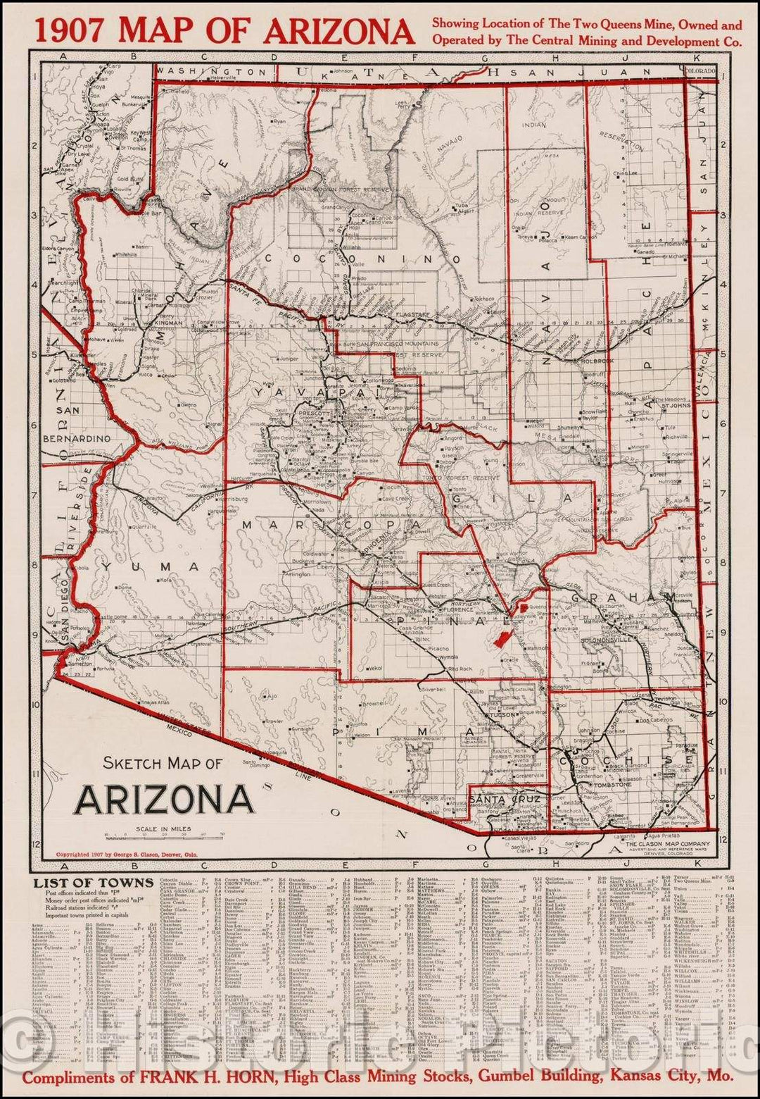 Historic Map - Map of Arizona Showing Location of the Two Queens Mine, Owned and Operated, 1907, George Clason - Vintage Wall Art