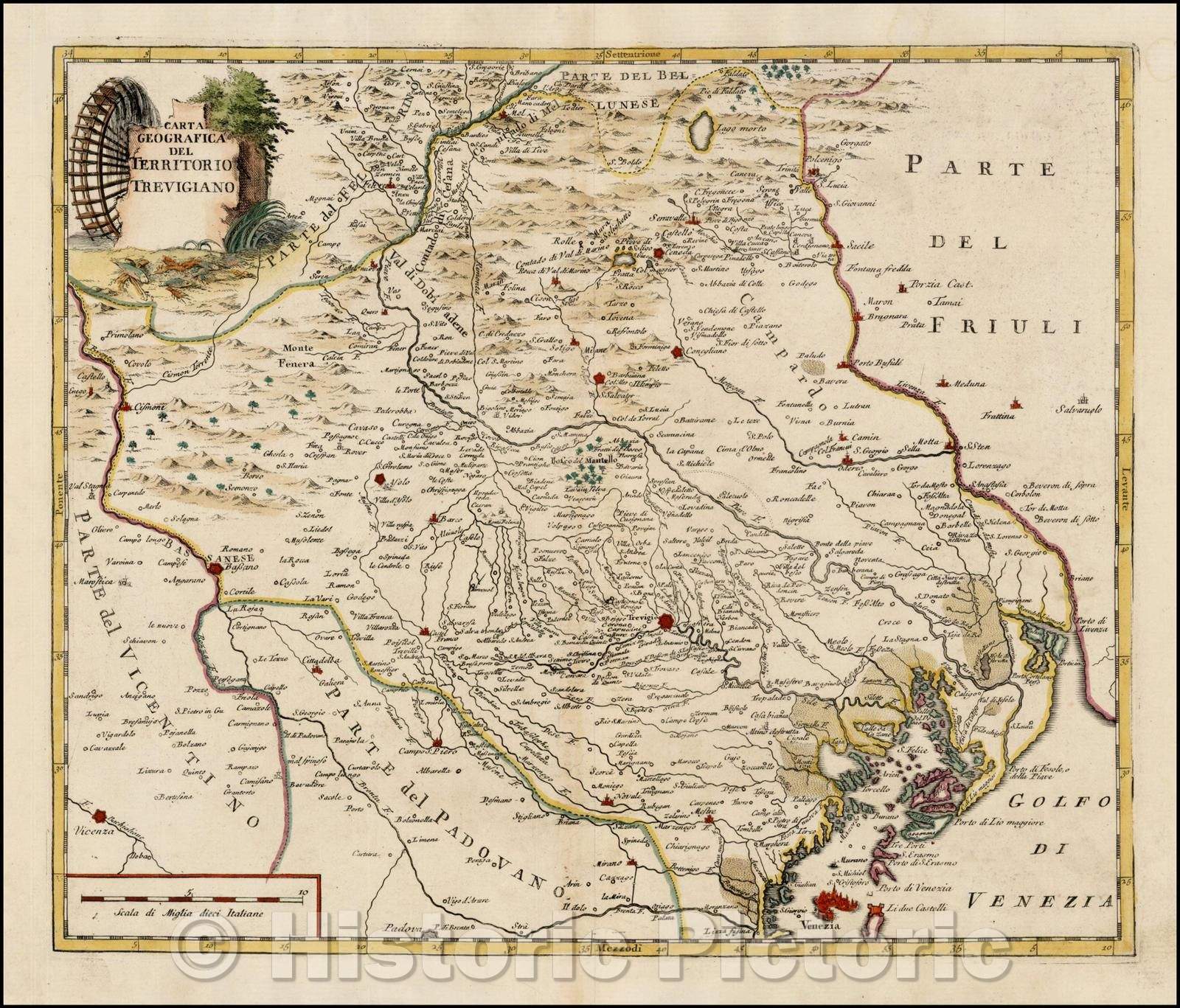 Historic Map - Carta Geografica Del Territorio Trevigiano (shows Trevigiano and V/Map of part of Northeastern Italy, with cartouche, 1740 - Vintage Wall Art