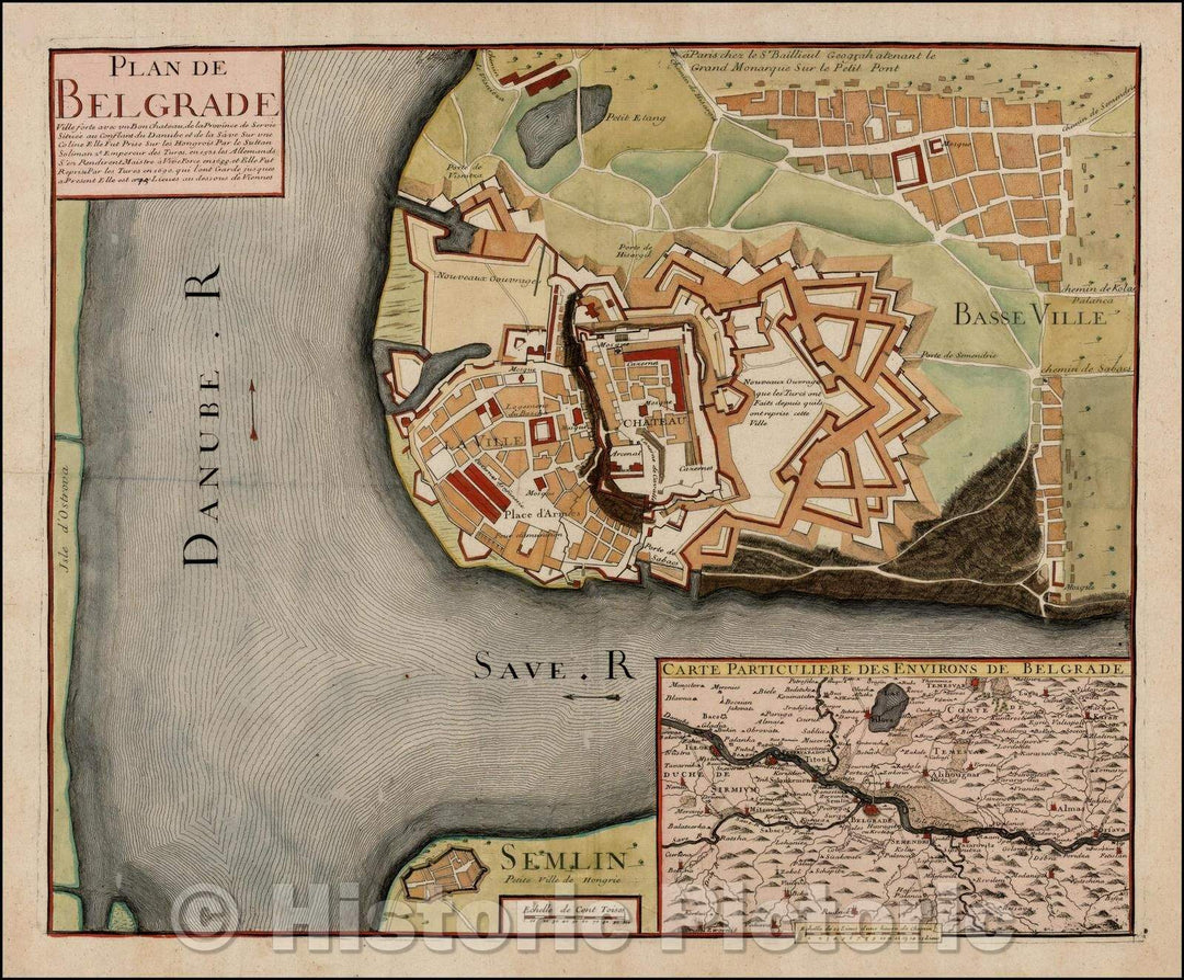 Historic Map - Plan de Belgrade Ville forte avec un Bon Chateau de la Province de Servie :: Plan of Belgrade on the Danube River, Gaspar Bailleul in Paris, 1700 - Vintage Wall Art