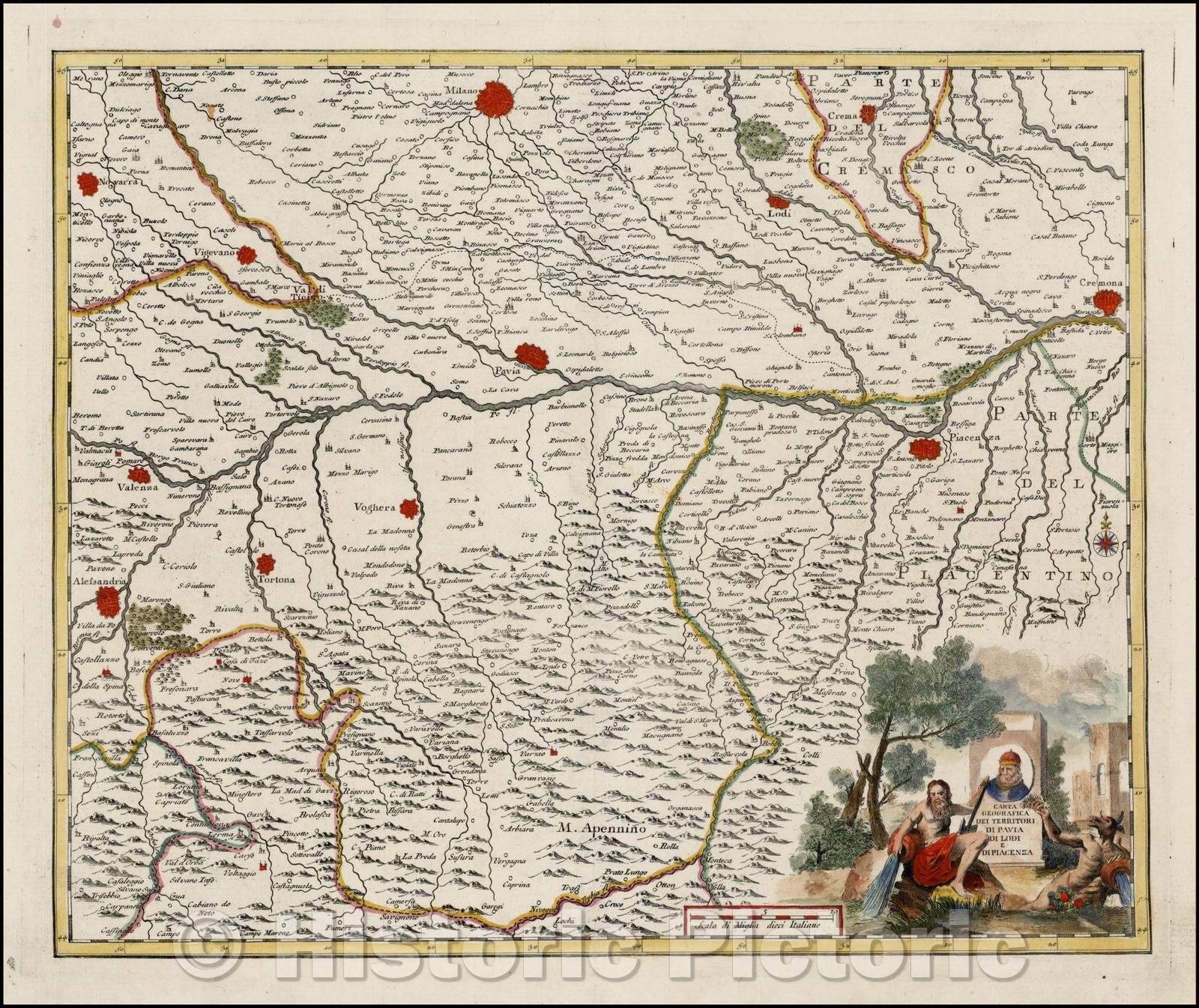 Historic Map - Carta Geografica Dei Territori Di Pavia Di Lod E Di Piacenza/Map of part of Northern Italy, with a cartouche, 1740, Giambattista Albrizzi - Vintage Wall Art