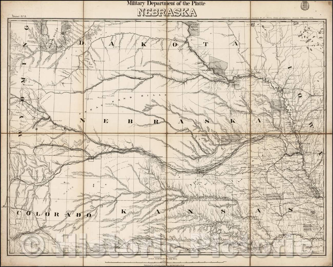 Historic Map - Military Department of the Platte Nebraska, 1872, United States War Dept. - Vintage Wall Art