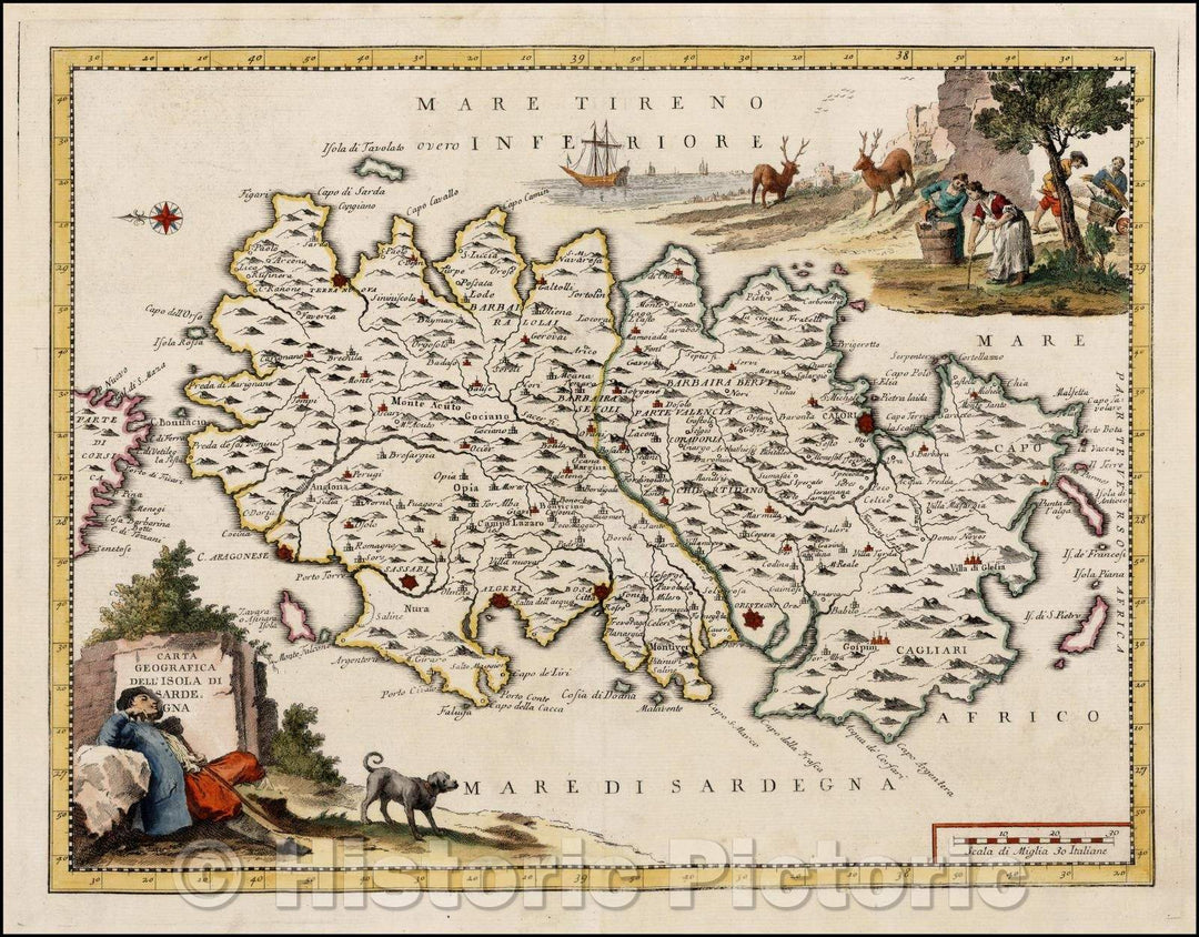 Historic Map - Carta Geografica Dell'Isola Di Sardegna/Map of the Island of Sardinia based upon De L'Isle's Map, 1740, Giambattista Albrizzi - Vintage Wall Art