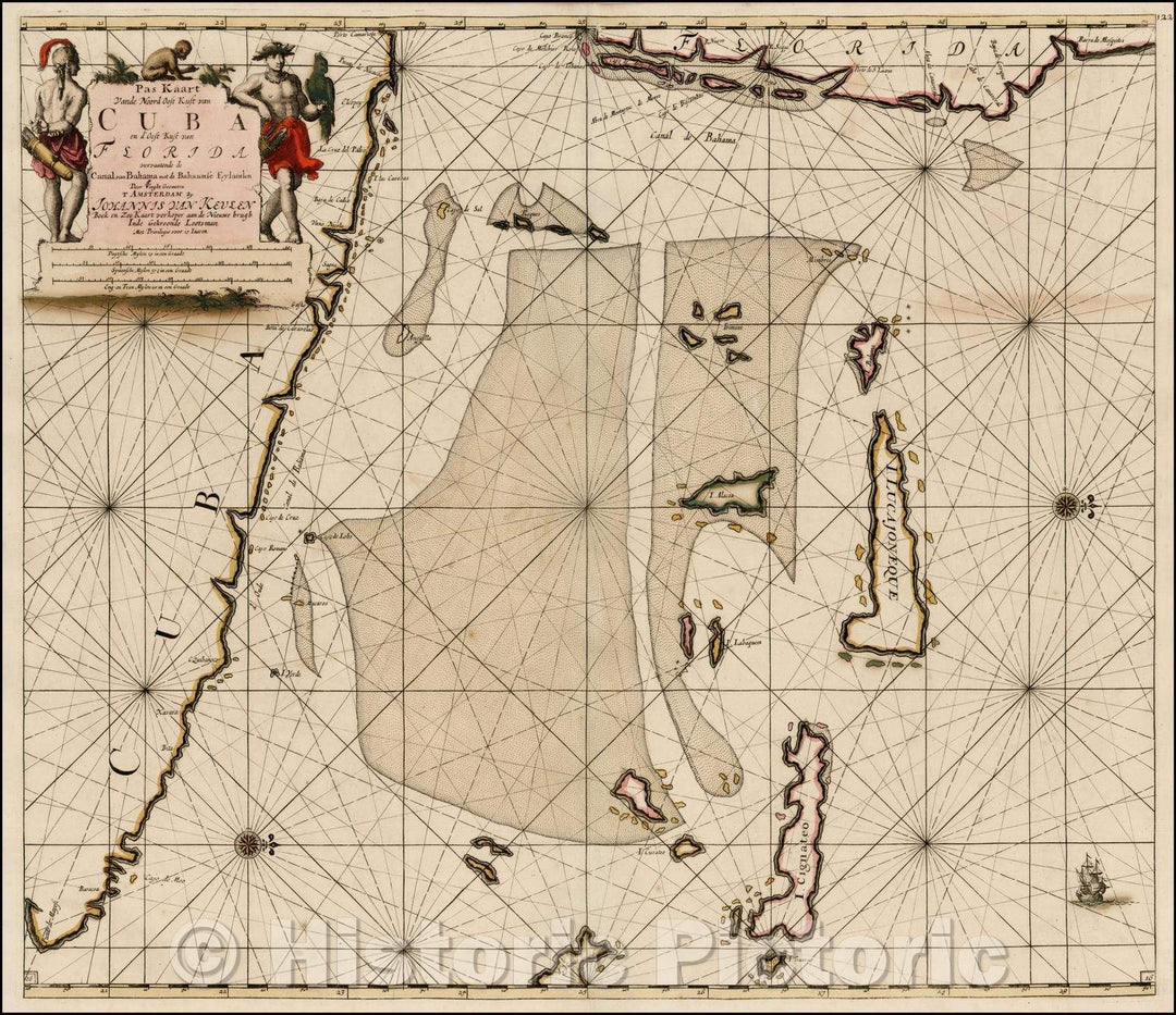 Historic Map - Pas Kaart Vande Noord Oost Kust van Cuba en d'Oost Kust van Florida vervaatende :: Southeastern Florida, Cuba and the Bahama Channel, 1695 - Vintage Wall Art