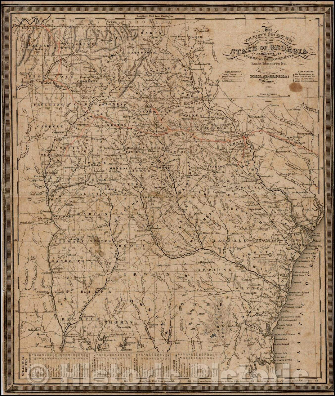 Historic Map - The Tourist's Pocket Map of the State of Georgia Exhibiting Its Internal Improvements Roads Distances &c, 1836, Samuel Augustus Mitchell - Vintage Wall Art