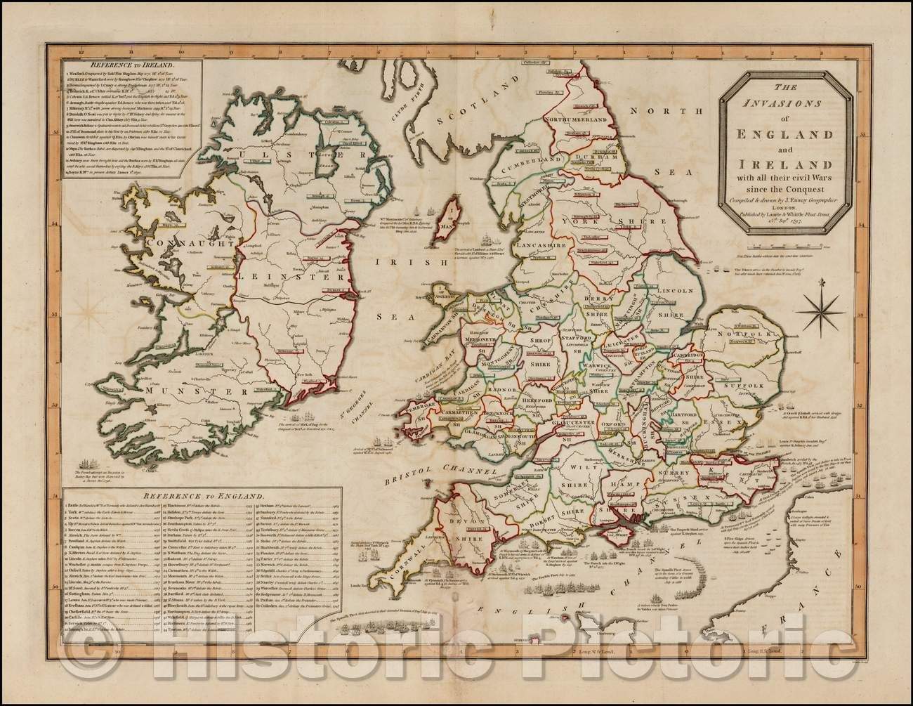 Historic Map - The Invasions of England and Ireland with all their Civil Wars Since the Conquest, 1797, Laurie & Whittle - Vintage Wall Art