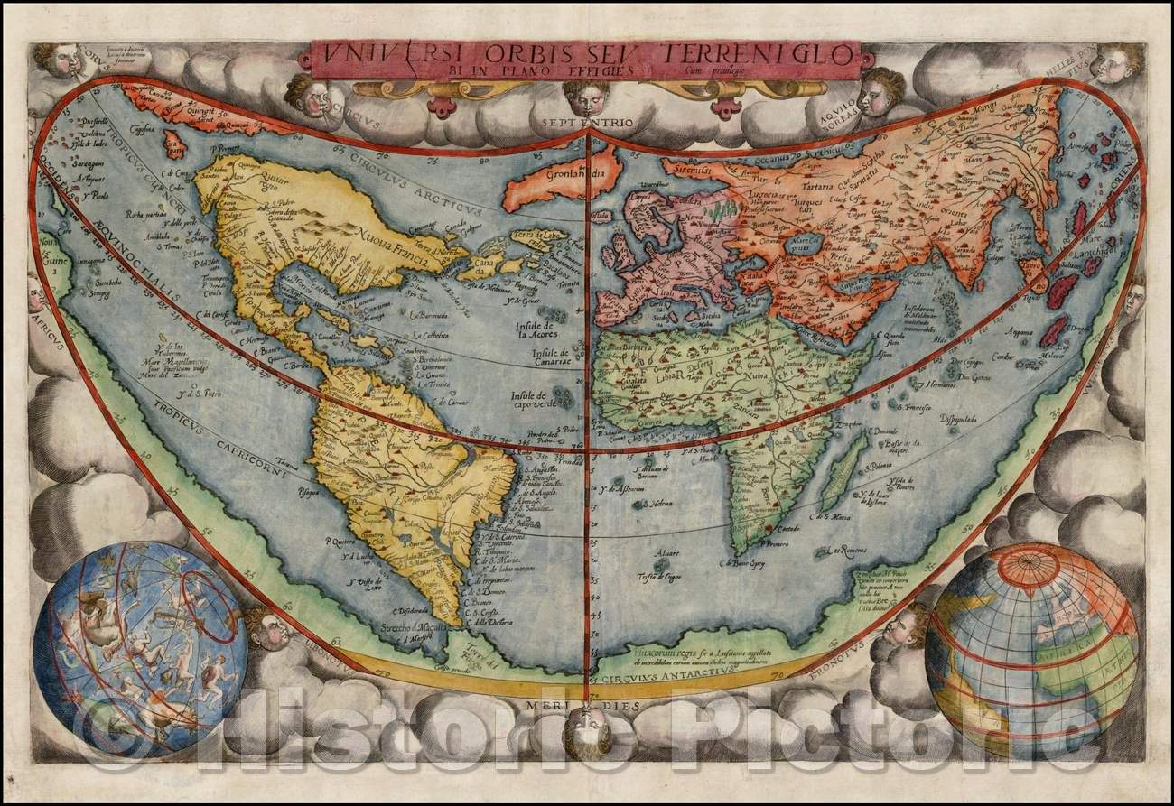 Historic Map - Universi Orbis Seu Terreni Globi In Plano Effigies/Cordiform Map of the World, North America, between California and Asia, 1578, Gerard de Jode - Vintage Wall Art