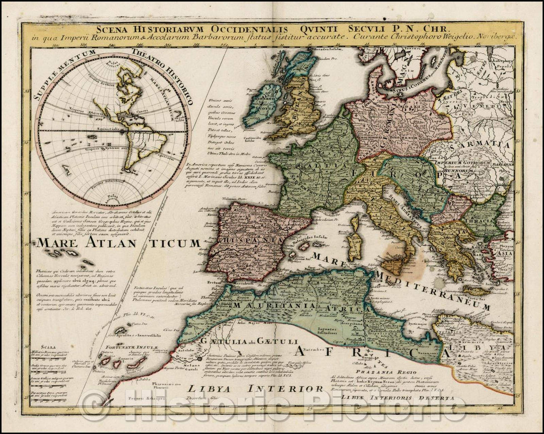 Historic Map - Scena Historiarum Occidentalis Quinti Seculi P.N. Chr. in qua Imperii Romanorum/Map of Europe and Western Mediterranean, 1718 - Vintage Wall Art