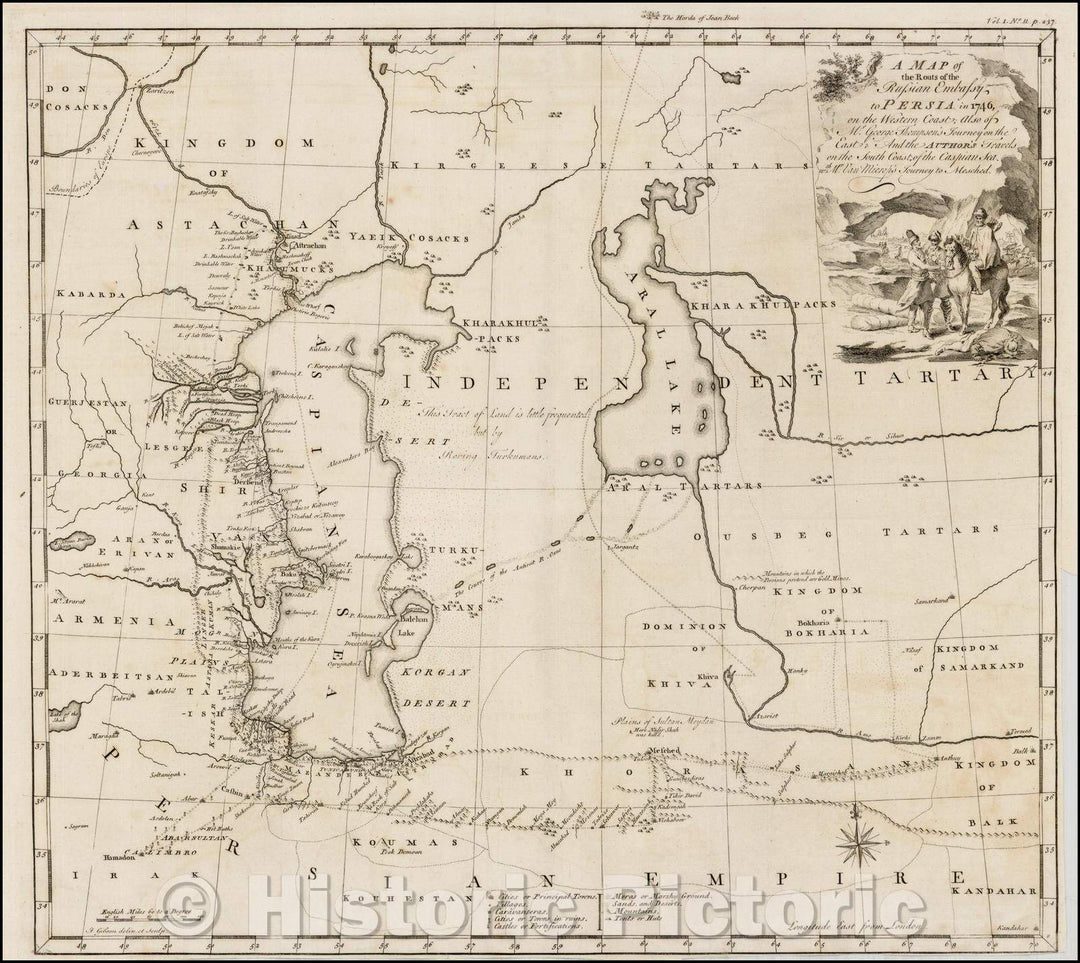 Historic Map - Routs of the Russian Embassy to Persia in 1746, on the Western Coast; Also of Mr. George Thompson's Journey in the East; And the Author', 1753 - Vintage Wall Art