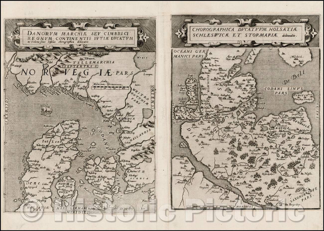 Historic Map - Danorum Marchiae Seu Cimbrici Regnum Continens Iutiae Ducatum :: Norway and Denmark in one sheet and Schleswig-Holstein, 1593 - Vintage Wall Art