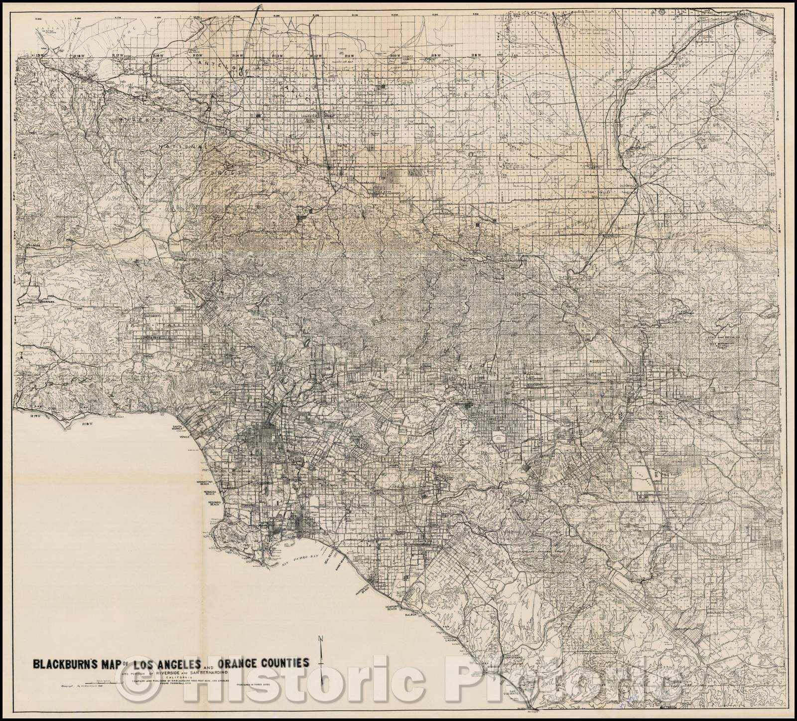 Historic Map - Blackburn's Map of Los Angeles and Orange Counties And Portion of Riverside and San Bernardino, 1947, O.V. Blackburn - Vintage Wall Art