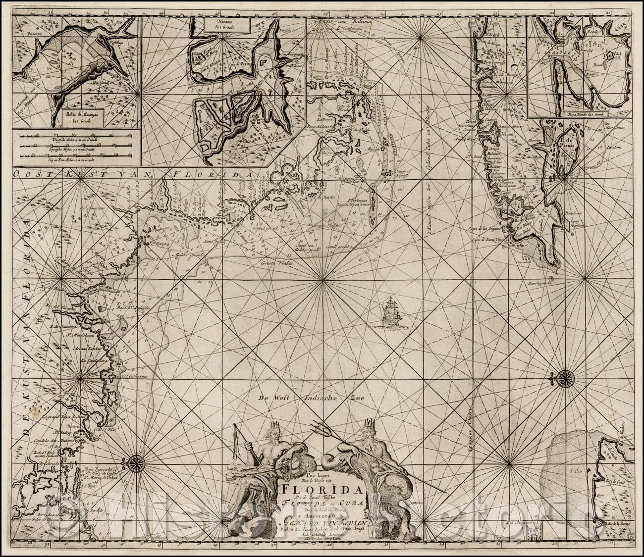 Historic Map - Pas Kaart Van De Boght van Florida Met de Canaal Tusschen Florida en Cuba Door Vooght Geometra, 1734, Gerard Van Keulen - Vintage Wall Art