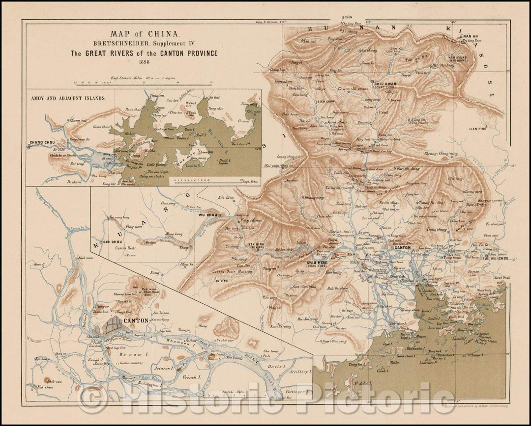 Historic Map - Map of China Bretschneider. Supplement IV. The Great Rivers of the Canton Province [shows Hong Kong, Canton, Macao, etc], 1898 - Vintage Wall Art