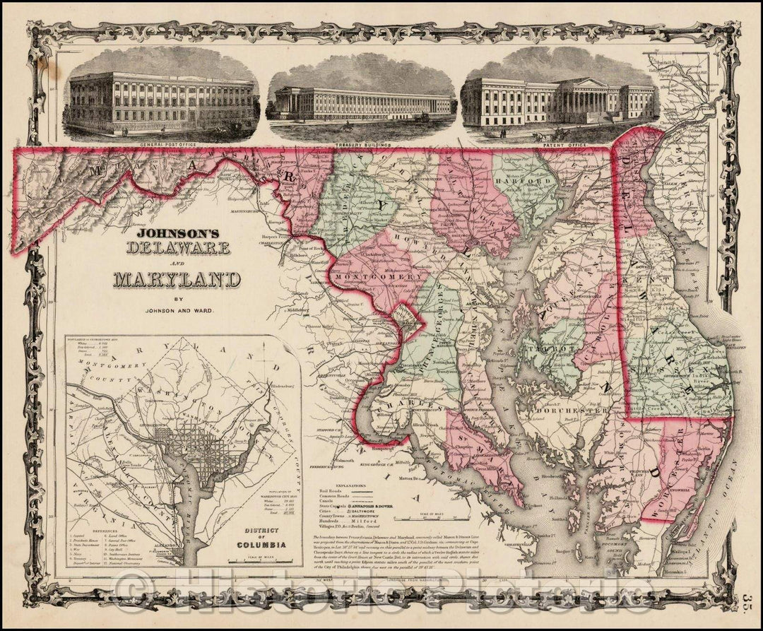 Historic Map - Johnson's Delaware and Maryland [Inset map of Washington DC], 1862, Benjamin Ward - Vintage Wall Art