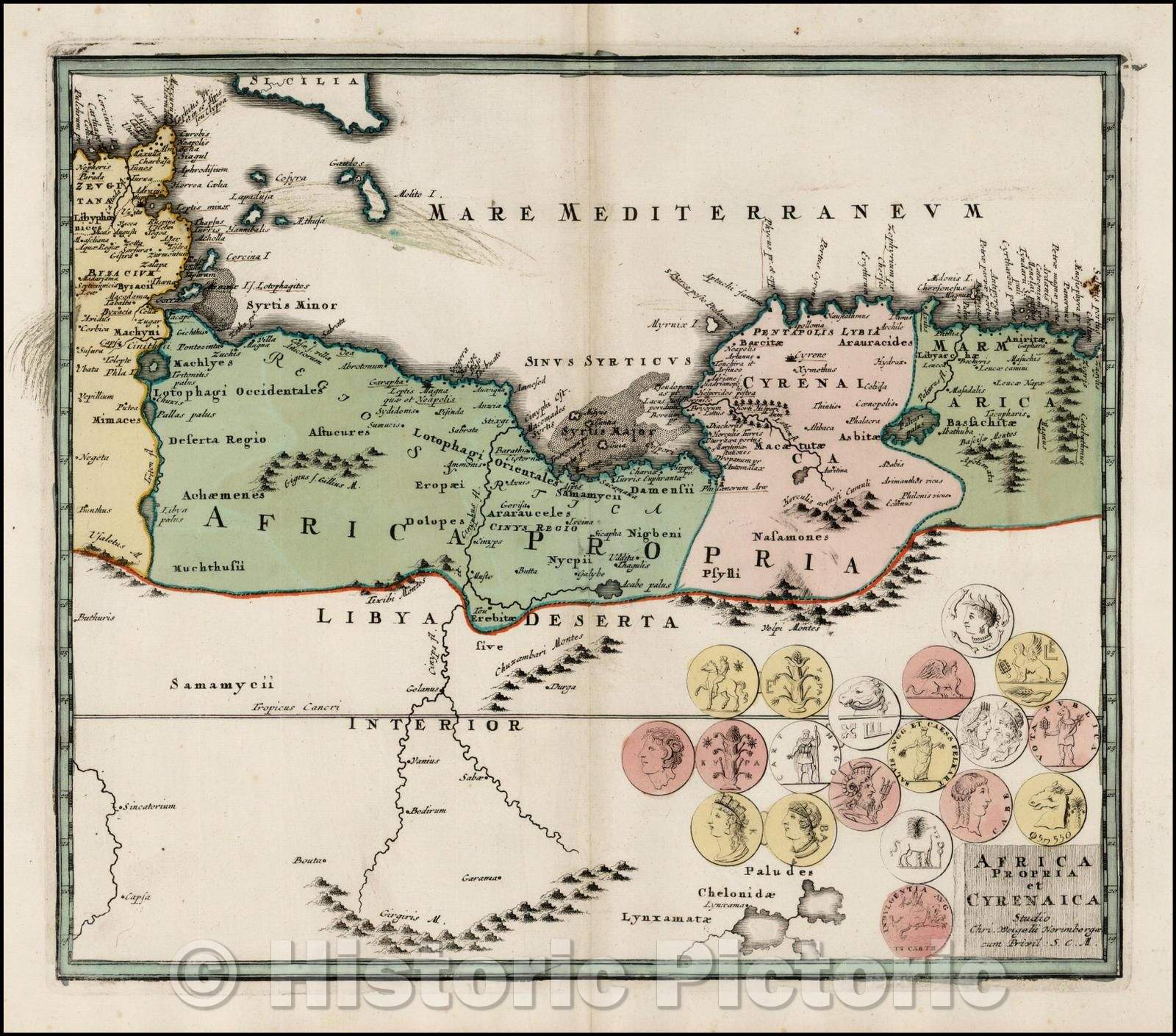 Historic Map - Africa Propria et Cyrenaica/Map of North Africa, featuring the geographical features, decorated with a vignette and 23 medallions, 1718 - Vintage Wall Art