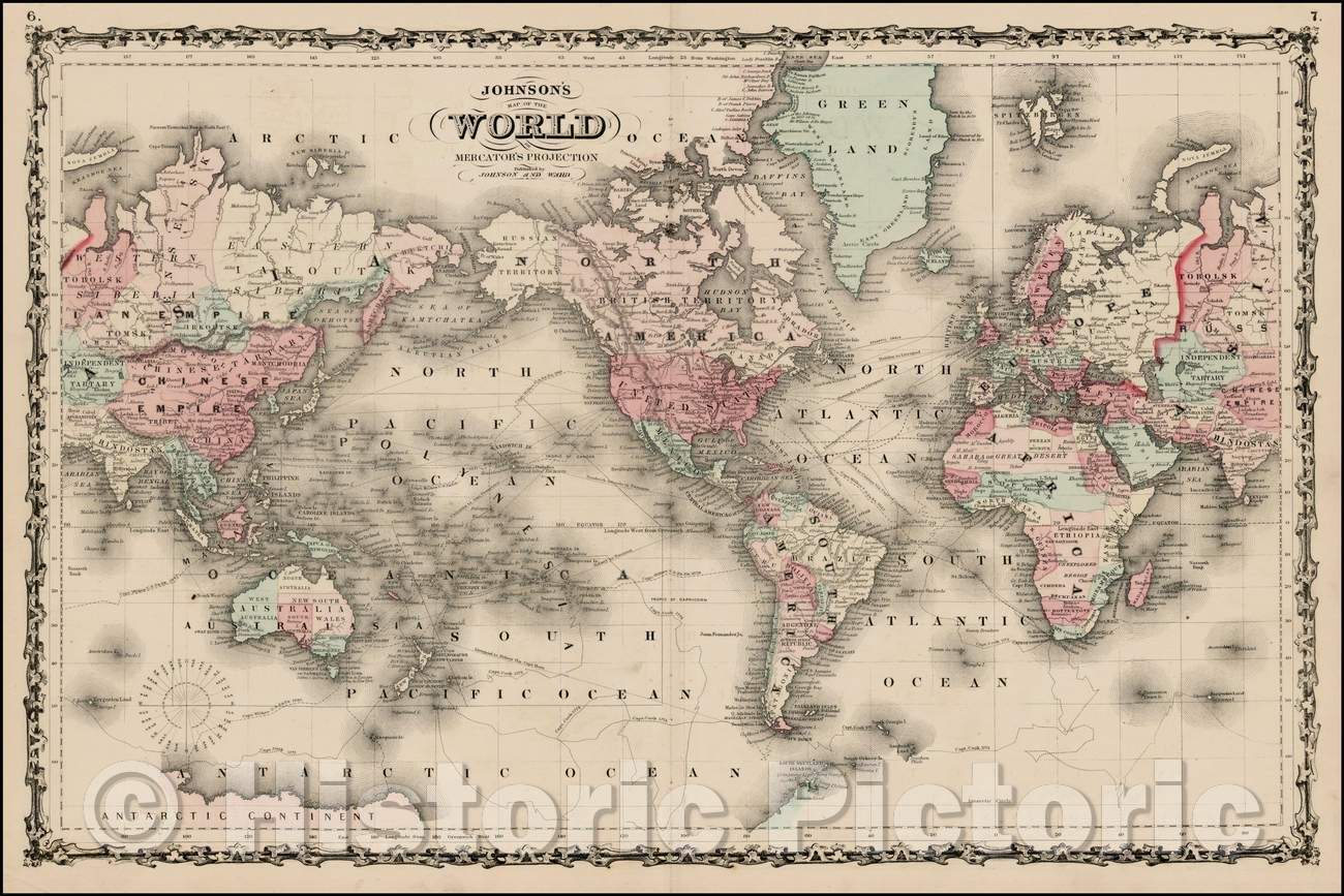 Historic Map - Johnson's Map of the World on Mercator's Projection, 1862, Benjamin Ward v3