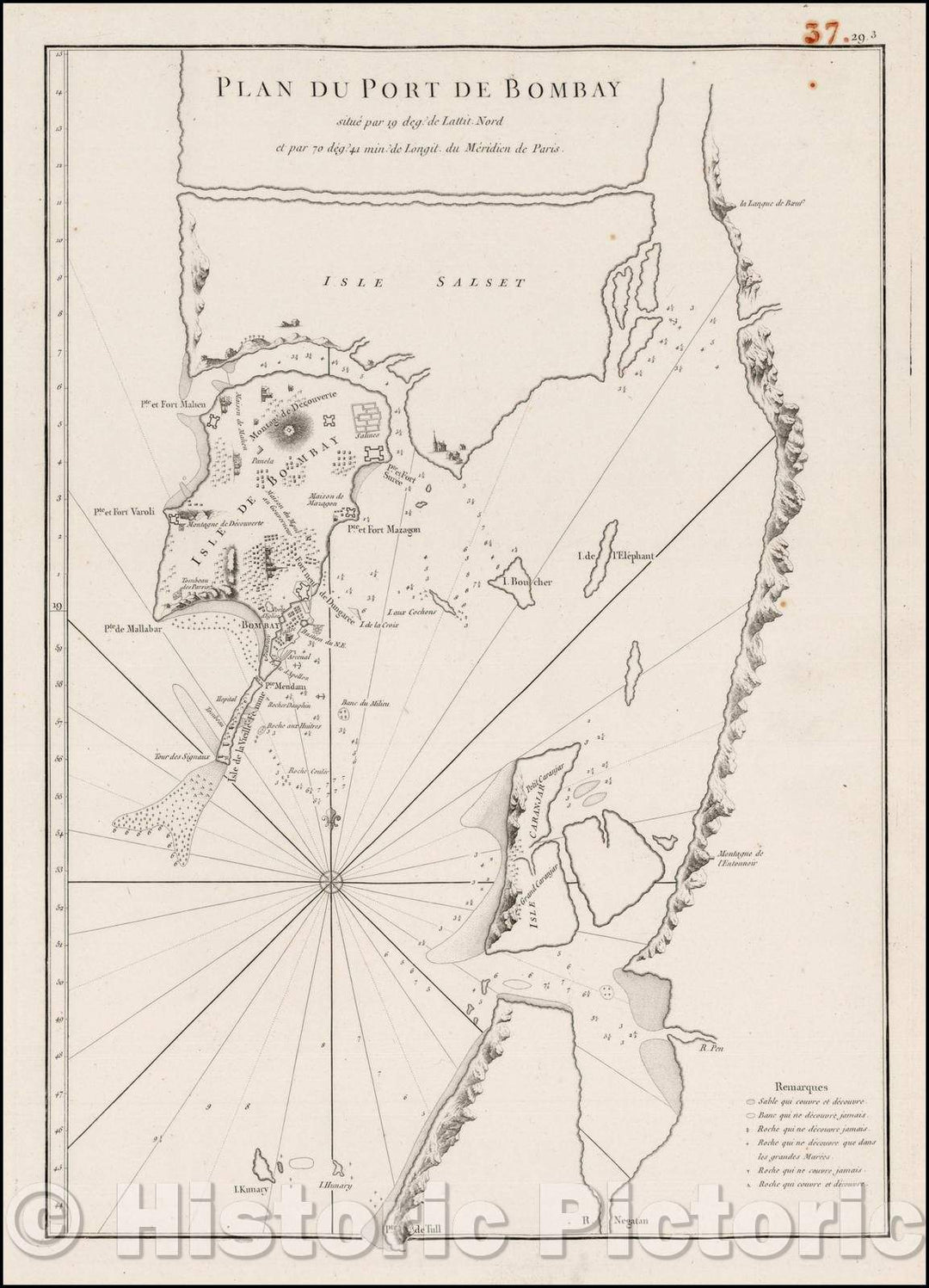 Historic Map - Plan du Port de Bombay situe par 19 deg. de Lattit. Nord et par 70 deg. / Chart of the Constellations of the Northern Hemisphere, 1775 - Vintage Wall Art