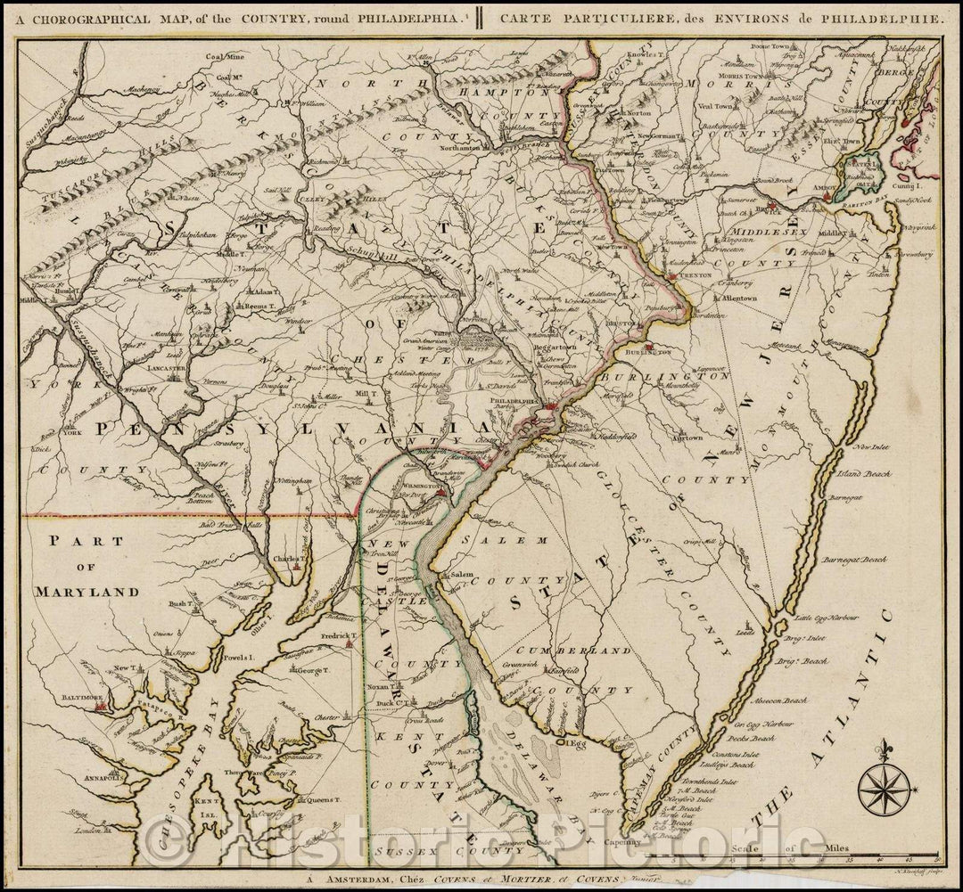 Historic Map - A Chorographical Map, of the Country, round Philadelphia/Carte Particuliere, des Environs de Philadelphie, 1778, Covens & Mortier - Vintage Wall Art