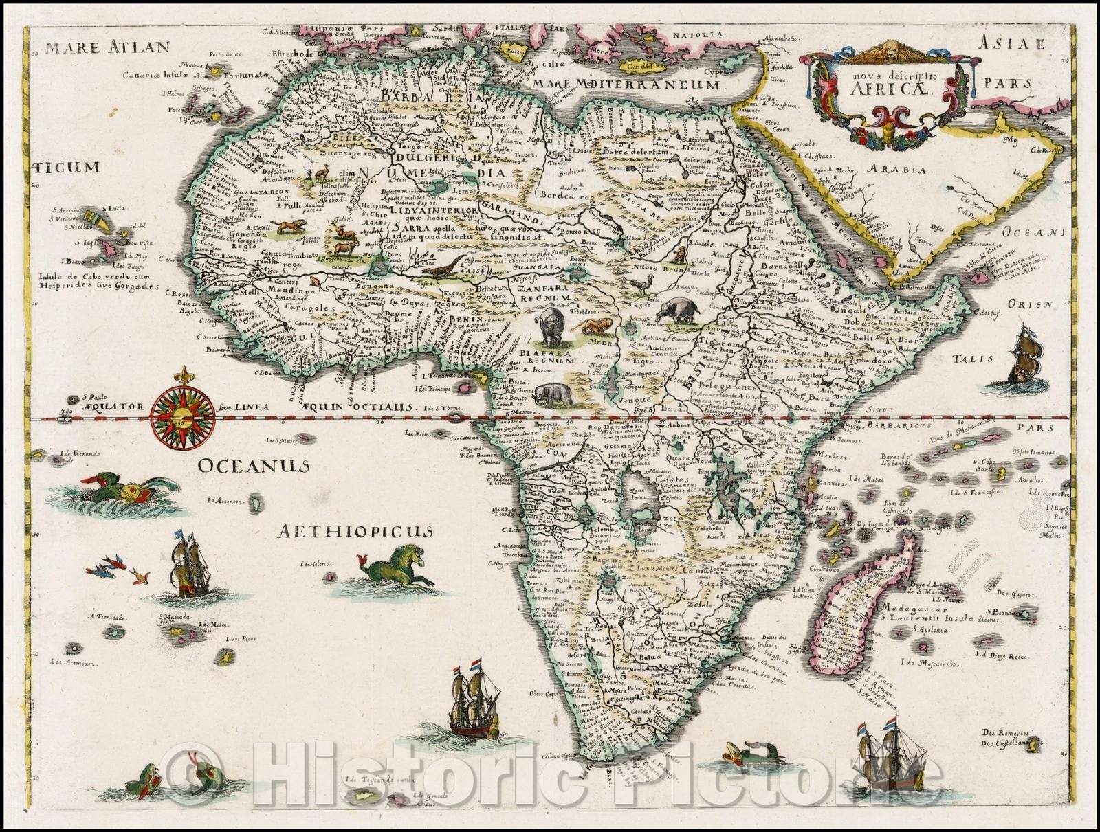 Historic Map - nova descriptio Africae/Blaeu's Map of Africa, major African cities,body of the Map is richly embellished with animals, 1638, Matthaus Merian - Vintage Wall Art