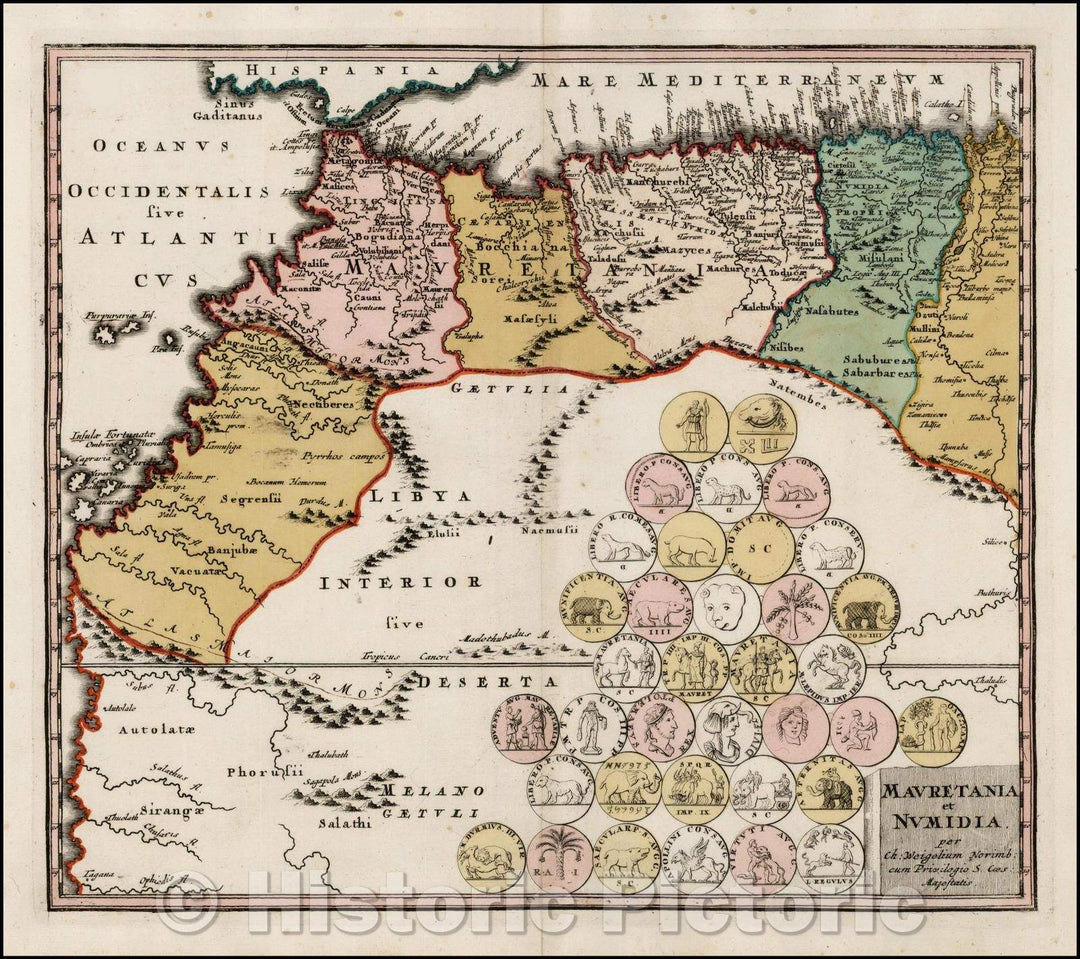 Historic Map - Mauretania et Numidia :: North Africa, featuring the geographical features and decorated with a vignette and 36 medallions, 1718 - Vintage Wall Art