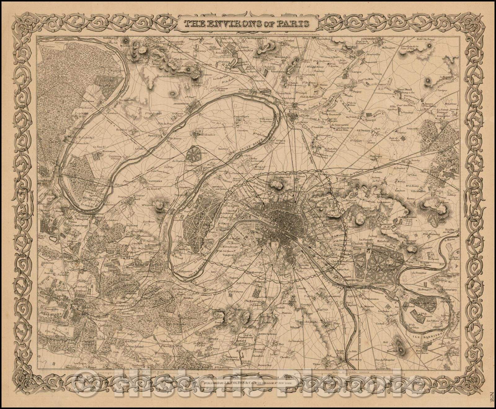 Historic Map - The Environs of Paris, 1865, Joseph Hutchins Colton - Vintage Wall Art