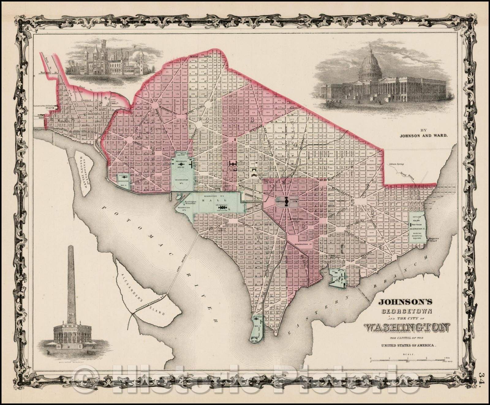 Historic Map - Johnson's Georgetown and The City of Washington The Capital of the United States of America, 1862, Benjamin Ward v2