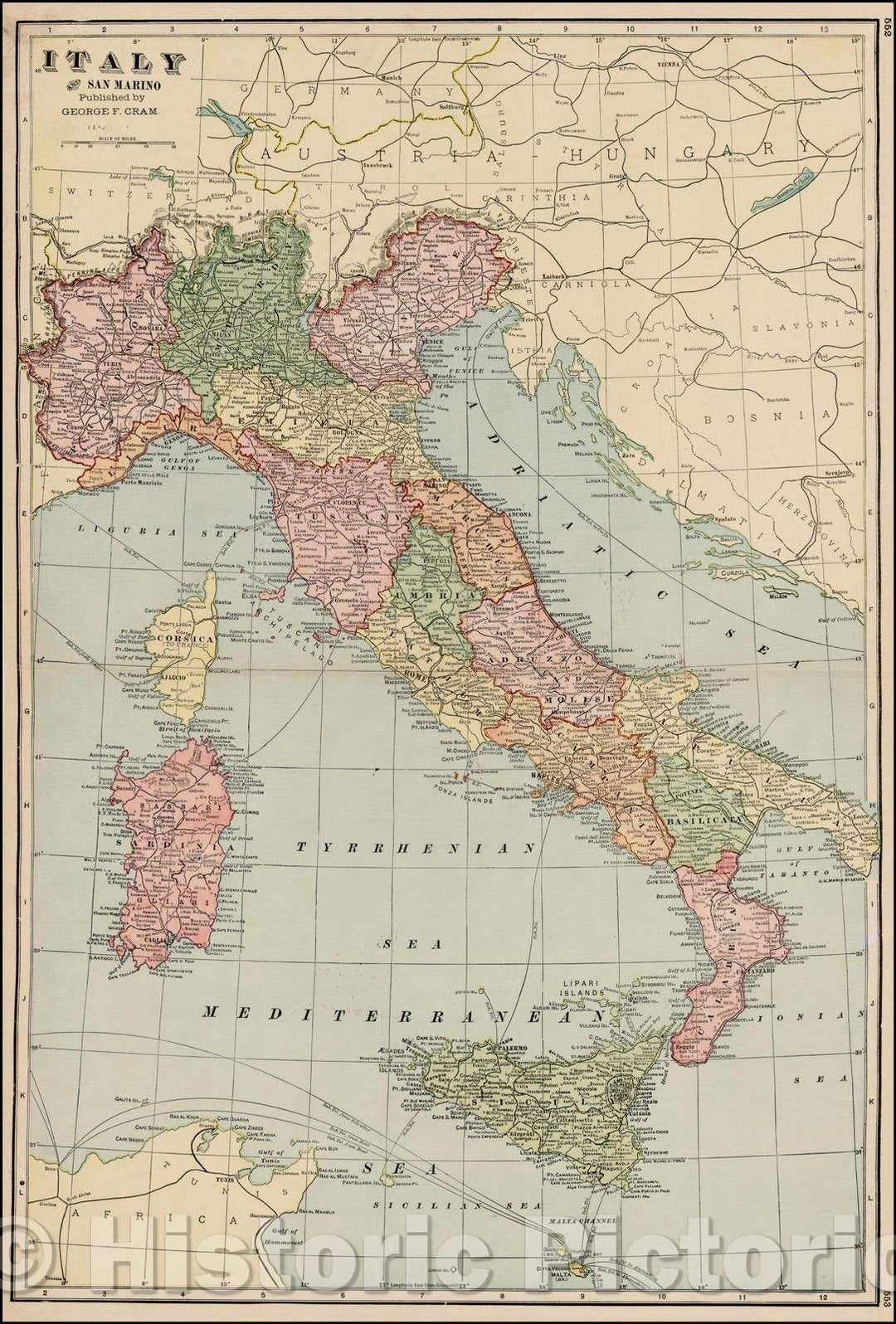 Historic Map - Italy and San Marino, 1899, George F. Cram - Vintage Wall Art