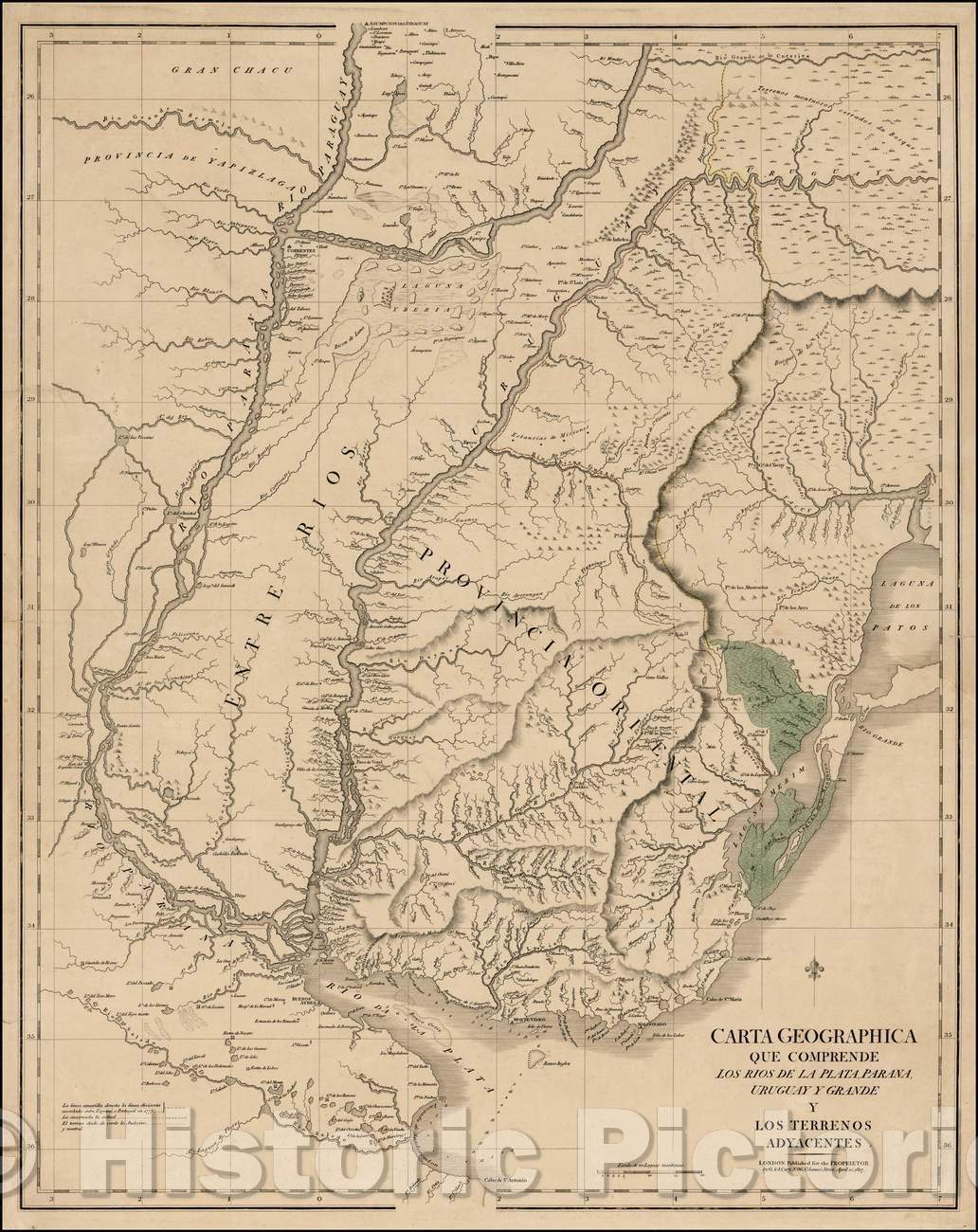 Historic Map - Carta Geographica Que Comprende Los Rios De La Plata/Map of parts of Uruguay, with parts of Brazil, Argentina and Paraguay, 1827, G. & J. Cary - Vintage Wall Art