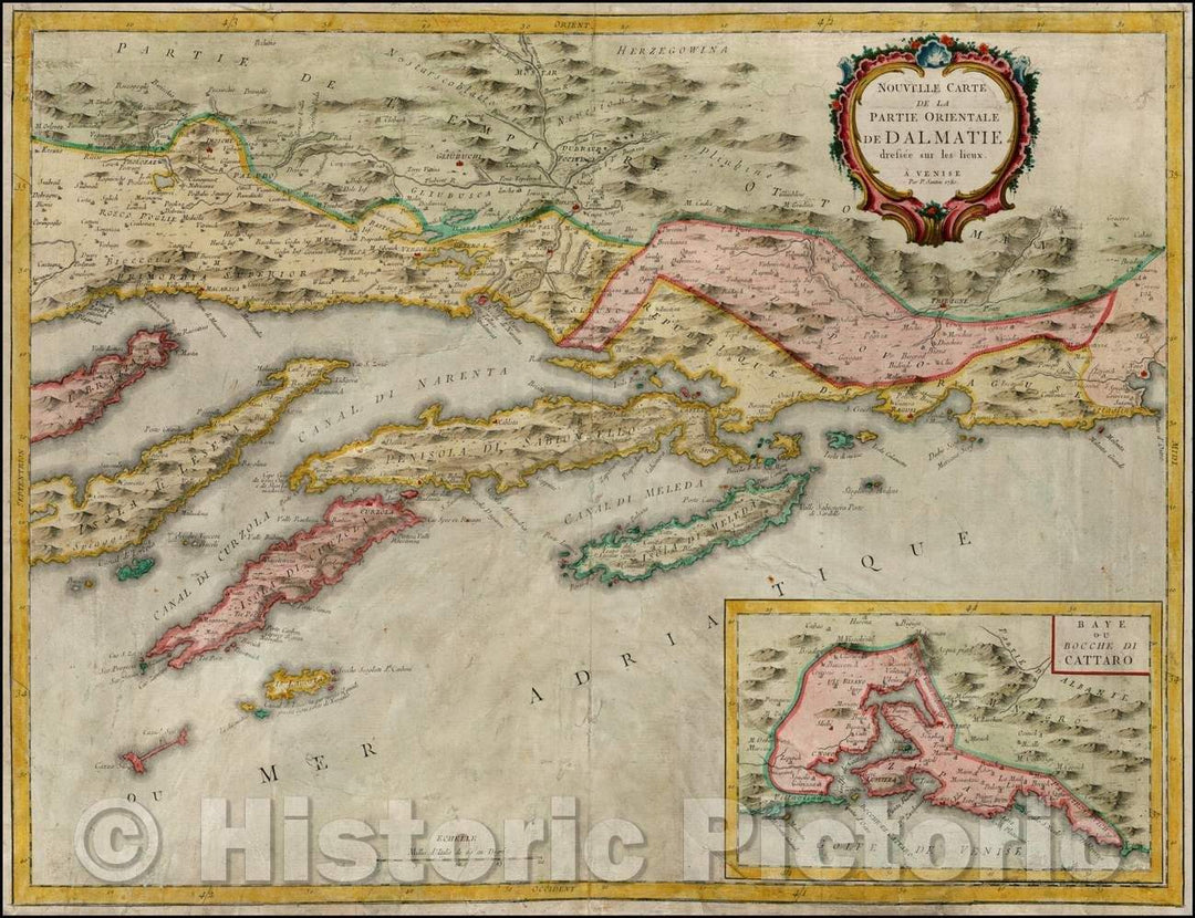 Historic Map - Nouvelle Carte de la Partie Orientale de Dalmatie, dressee sur les lieux :: Western part of Dalmatia, published by Santini in Venice, 1780 - Vintage Wall Art