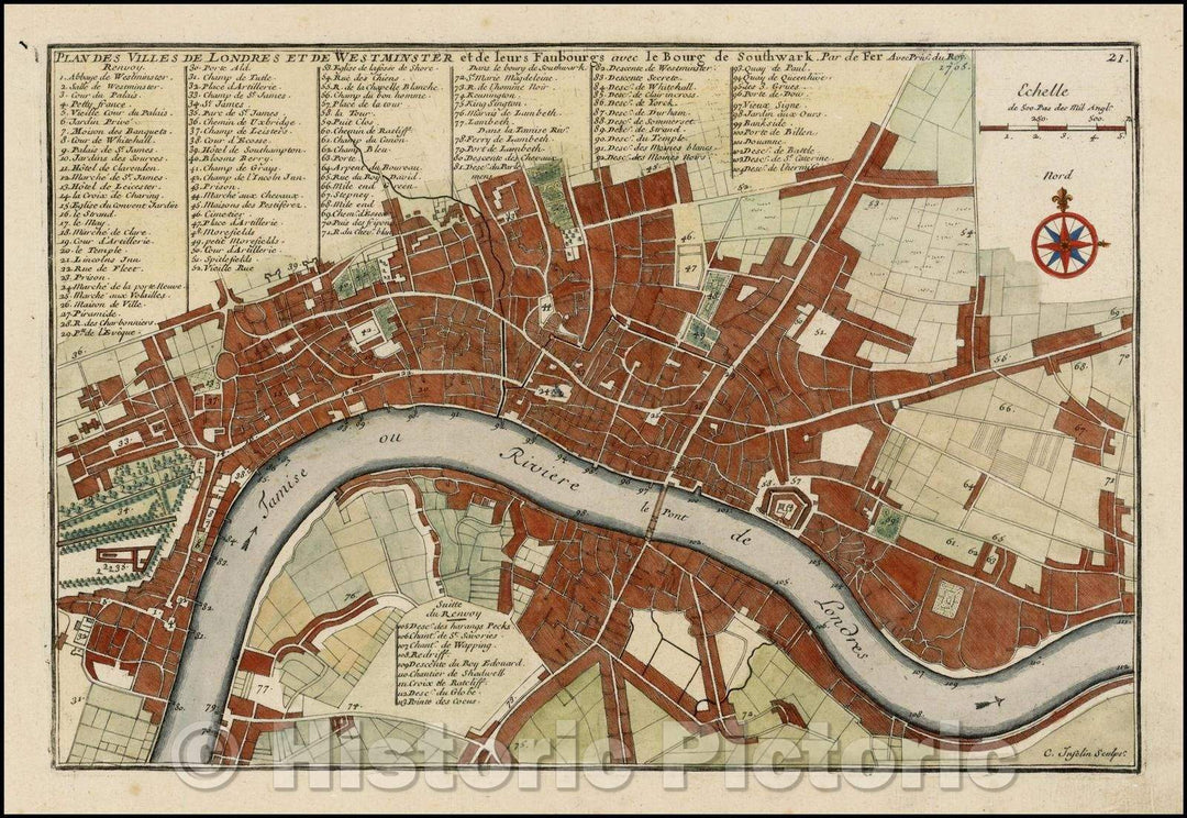 Historic Map - Plan Des Villes De Londres et de Westminster/Plan of London, 100 places on the Map, 1705, Nicolas de Fer - Vintage Wall Art