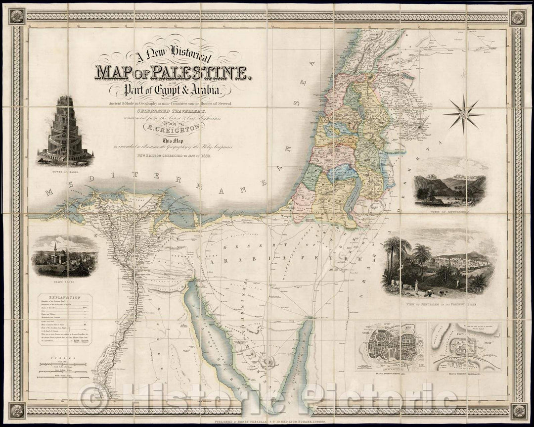 Historic Map - A New Historical Map of Palestine with Part of Egypt & Arabia, shewing the Ancient & Modern Geography of the Countrie, 1838, R. Creighton - Vintage Wall Art