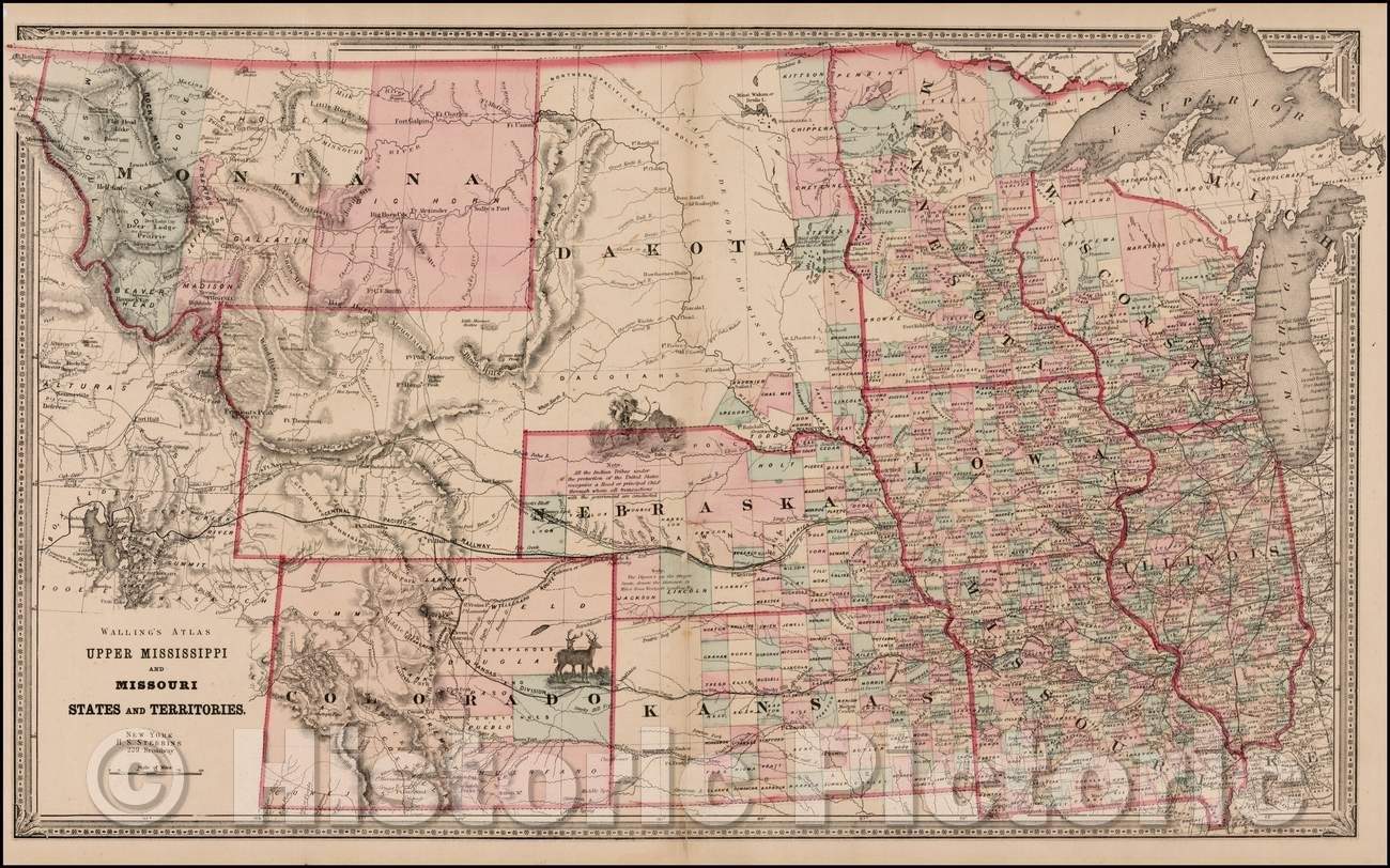 Historic Map - Upper Mississippi and Missouri States and Territories, 1866, H.S. Stebbins - Vintage Wall Art