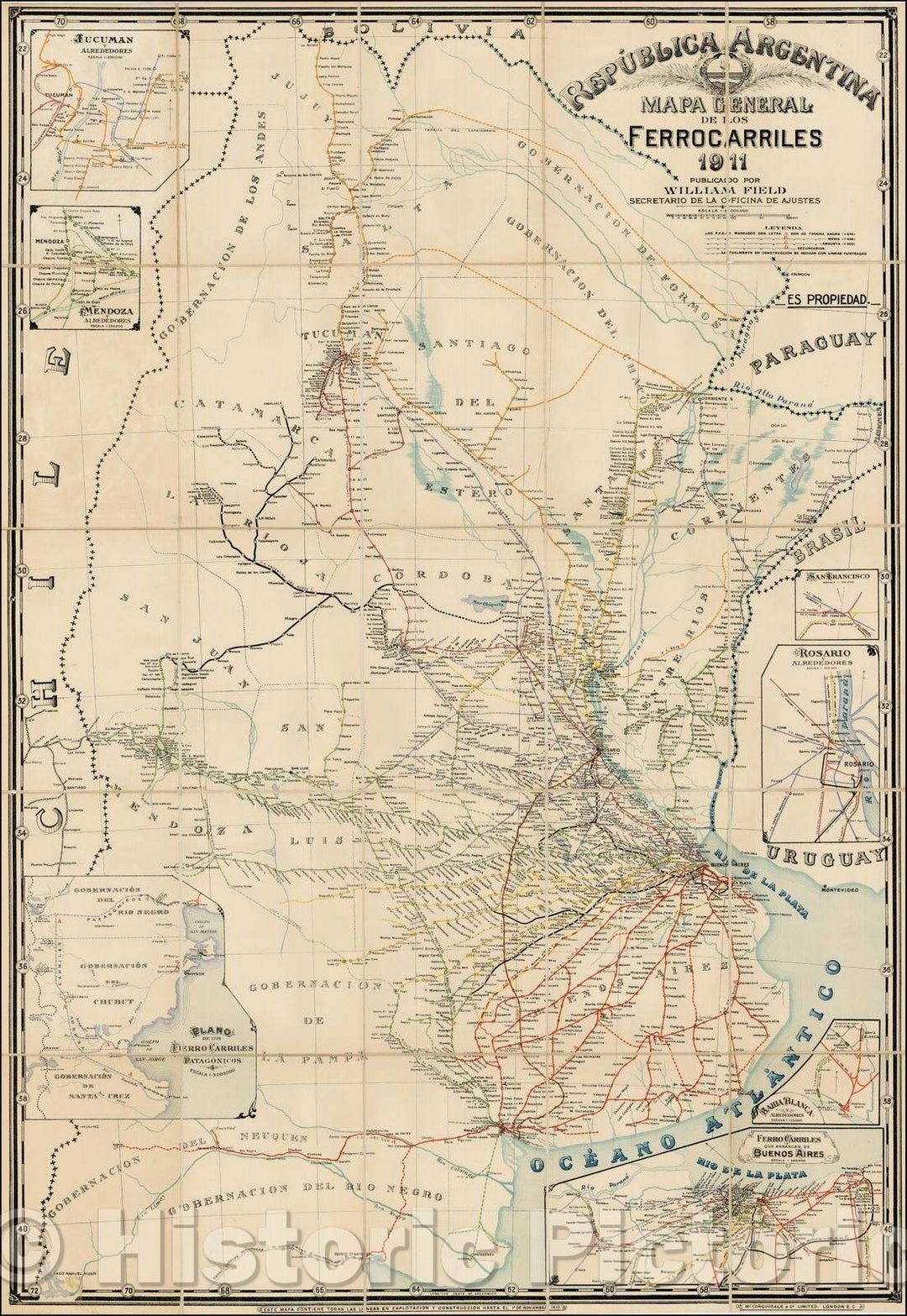 Historic Map - Republica Argentina Mapa General De Los Ferrocarriles 1911 / Map showing the railroads of the Republic of Argentina, 1911 - Vintage Wall Art