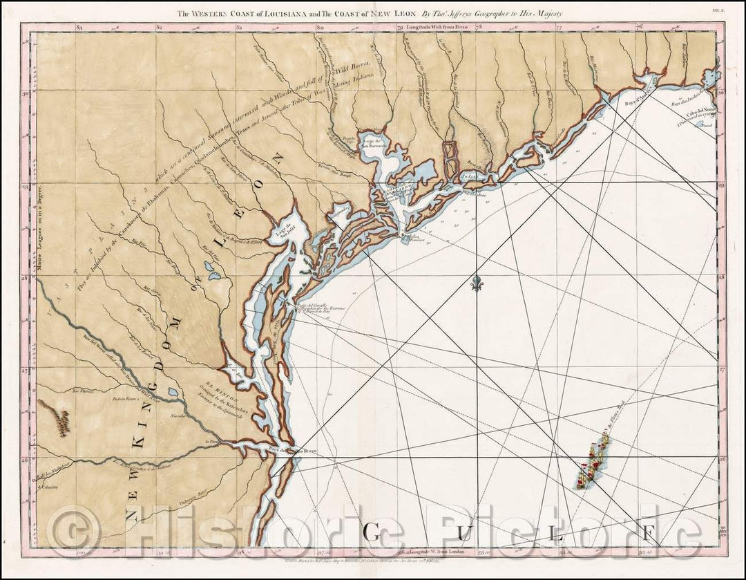 Historic Map - The Western Coast of Louisiana and The Coast of New Leon. (first modern map of the Texas Coast), 1775, Thomas Jefferys - Vintage Wall Art