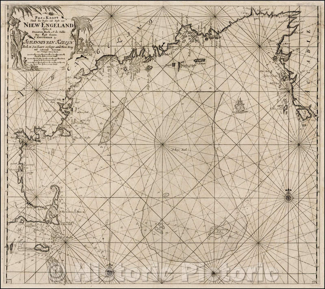 Historic Map - Pas-Kaart Vande Zee Kusten inde boght van Niew Engeland Tusschen de Staate :: Sea Coasts end boght of New England Staaten, 1702 - Vintage Wall Art