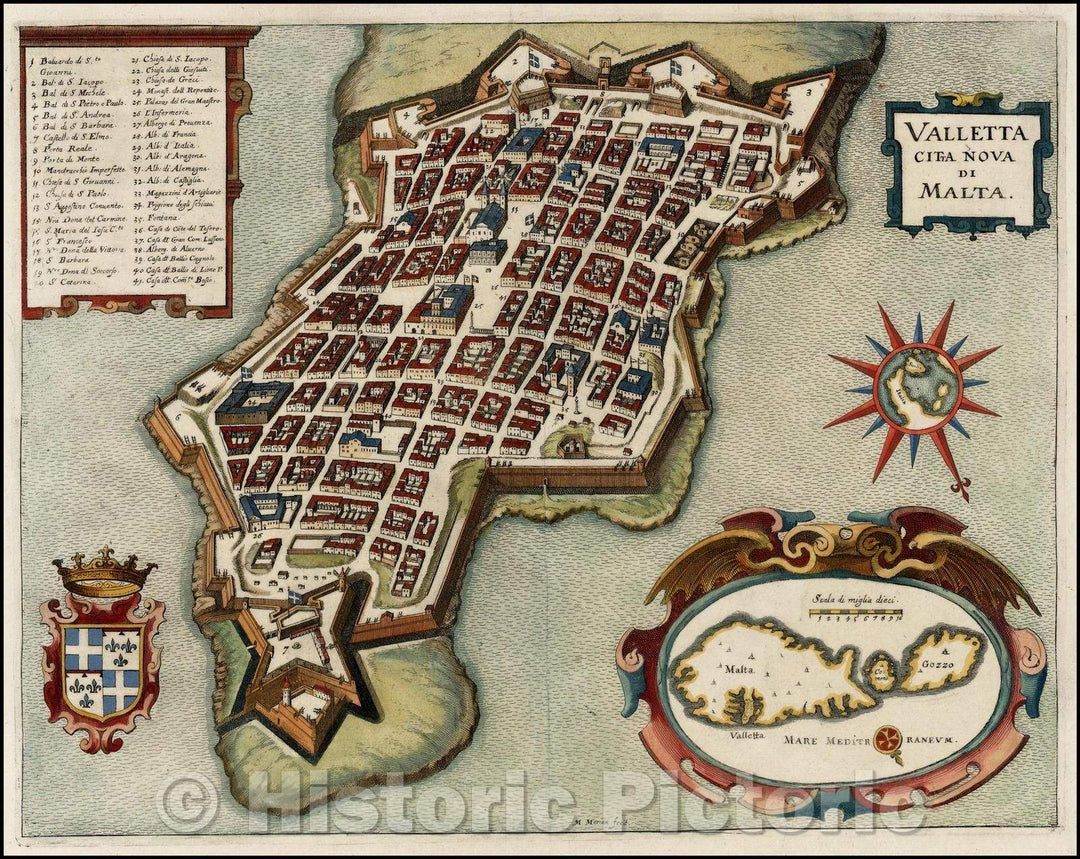 Historic Map - Valletta Citta Nova di Malta/Plan of Valletta, engraved by Isaac Brio, 1636, Matthaus Merian - Vintage Wall Art