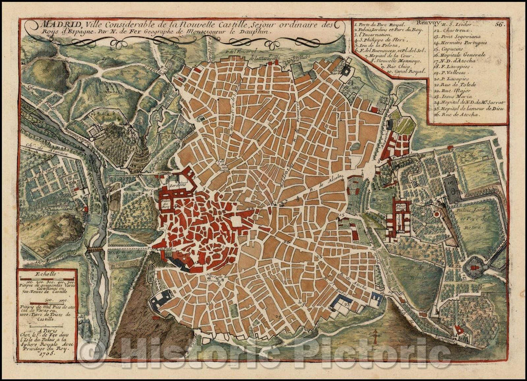 Historic Map - Madrid, ville Considerable de la Nouvelle Castille, 1705, Nicolas de Fer - Vintage Wall Art