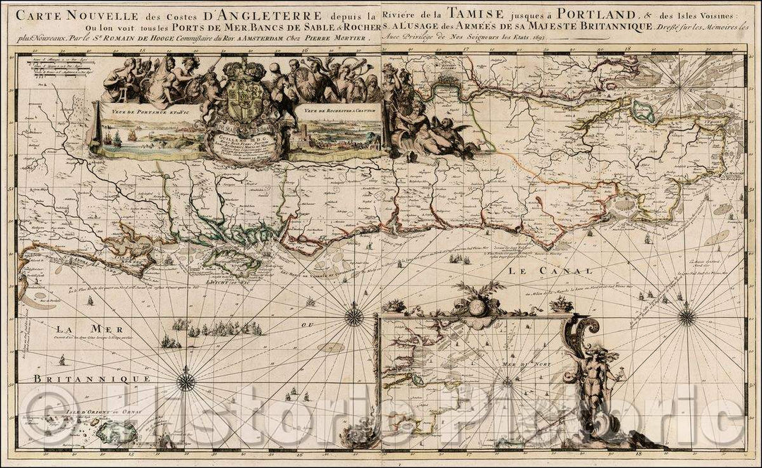 Historic Map - Carte Nouvelle des Costes D'Angleterre depuis la Rivieree de la Tamise, ju :: Southern coast of England, 1693 - Vintage Wall Art