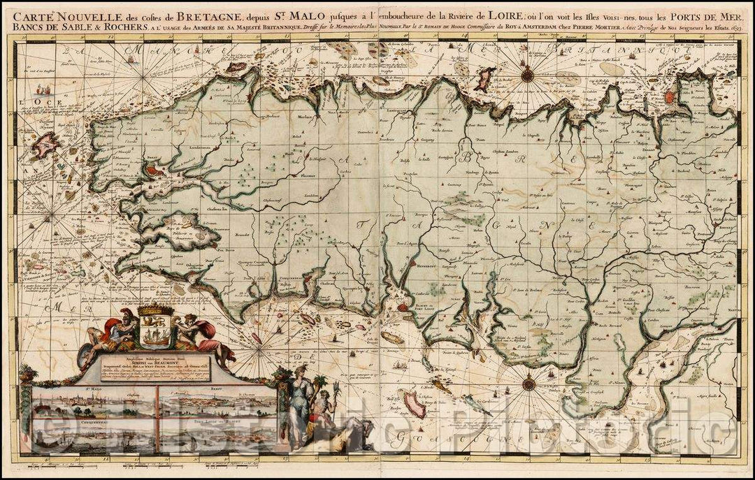 Historic Map - Carte Nouvelle des Costes De Bretagne depuis/Double page Sea Chart of the Bretagne, 1693, Romeyn De Hooghe - Vintage Wall Art