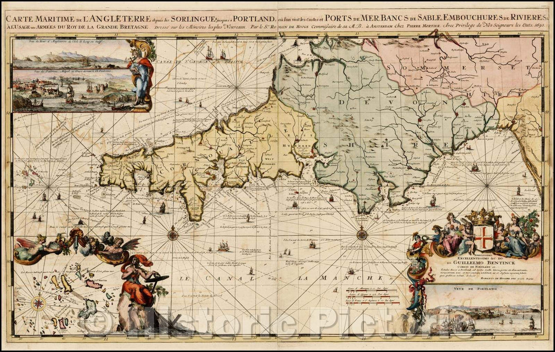 Historic Map - Carte Maritime de L'Angleterre depuis Sorlingues jusques a Portland ou l'on voit les costes et Ports, 1693, Romeyn De Hooghe v2