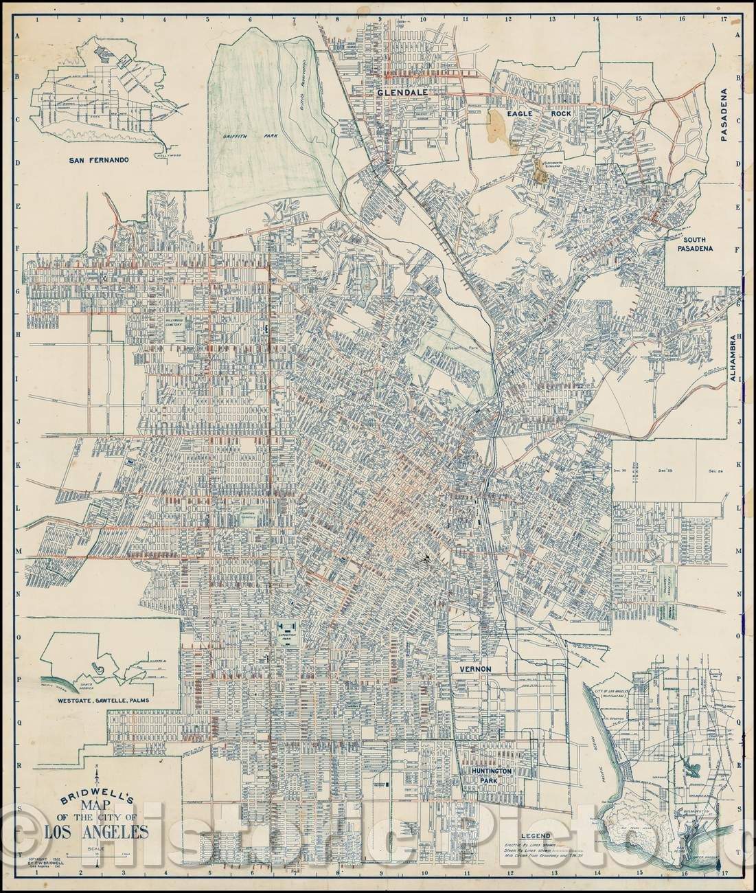 Historic Map - Bridwell's Map of the City of Los Angeles, 1922, Bridwell Engineering Co. - Vintage Wall Art