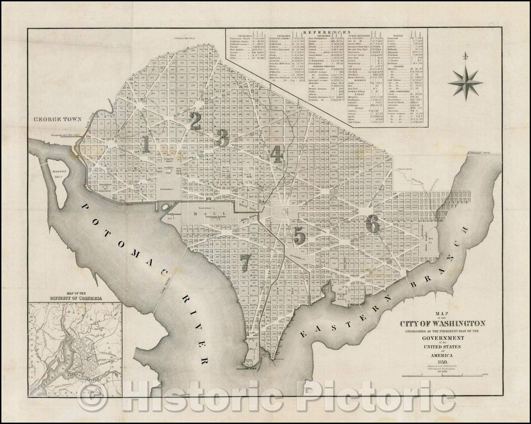 Historic Map - Map of the City of Washington Established as the Permanent Seat of the Government of the United States of America, 1850, D. McClelland - Vintage Wall Art